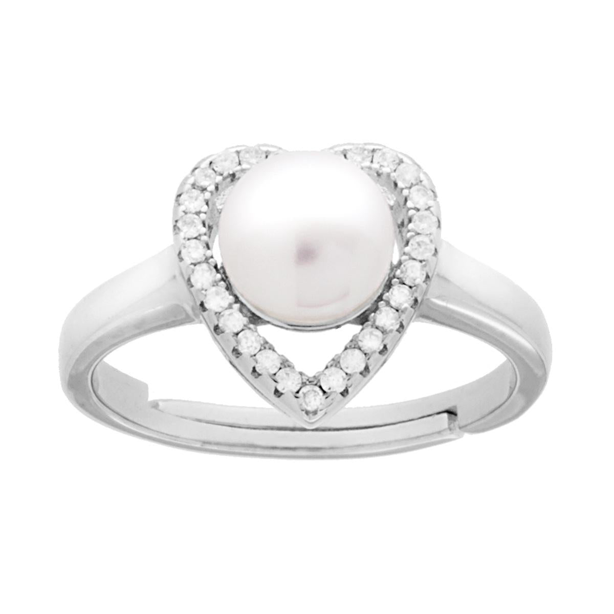 Ring mit Herz, Flussperle und weißen Zirkonen, aus 925er Silber, rhodiumgalvanisiert. - MeinSchmuckShop