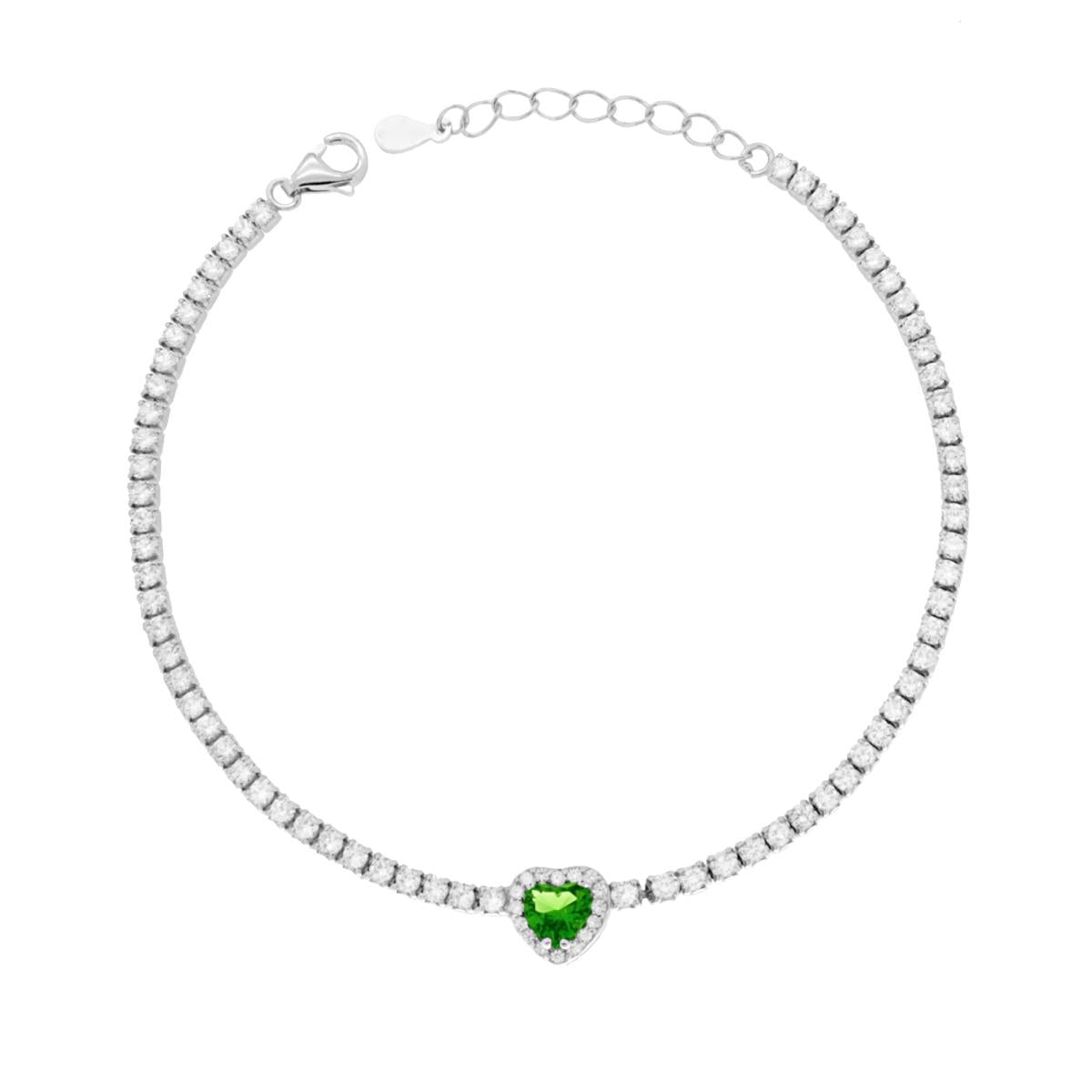 Tennisarmband mit Krallenfassung, Länge 17+3 cm, mit Zirkonen 2 mm, zentrales Herz in Smaragdgrün, umgeben von weißen Zirkonen, Silber 925, rhodiumgalvanisch beschichtet - MeinSchmuckShop