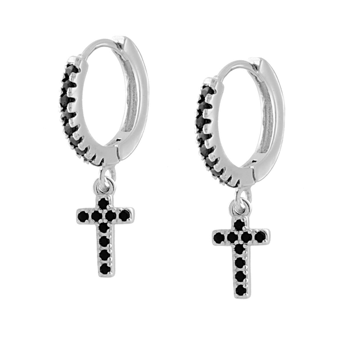 Ohrhänger, kreisförmige Klappverschlüsse, mit schwarzen Zirkonen und hängendem Kreuz, schwarze Zirkone in 925er Silber rhodiniert - MeinSchmuckShop
