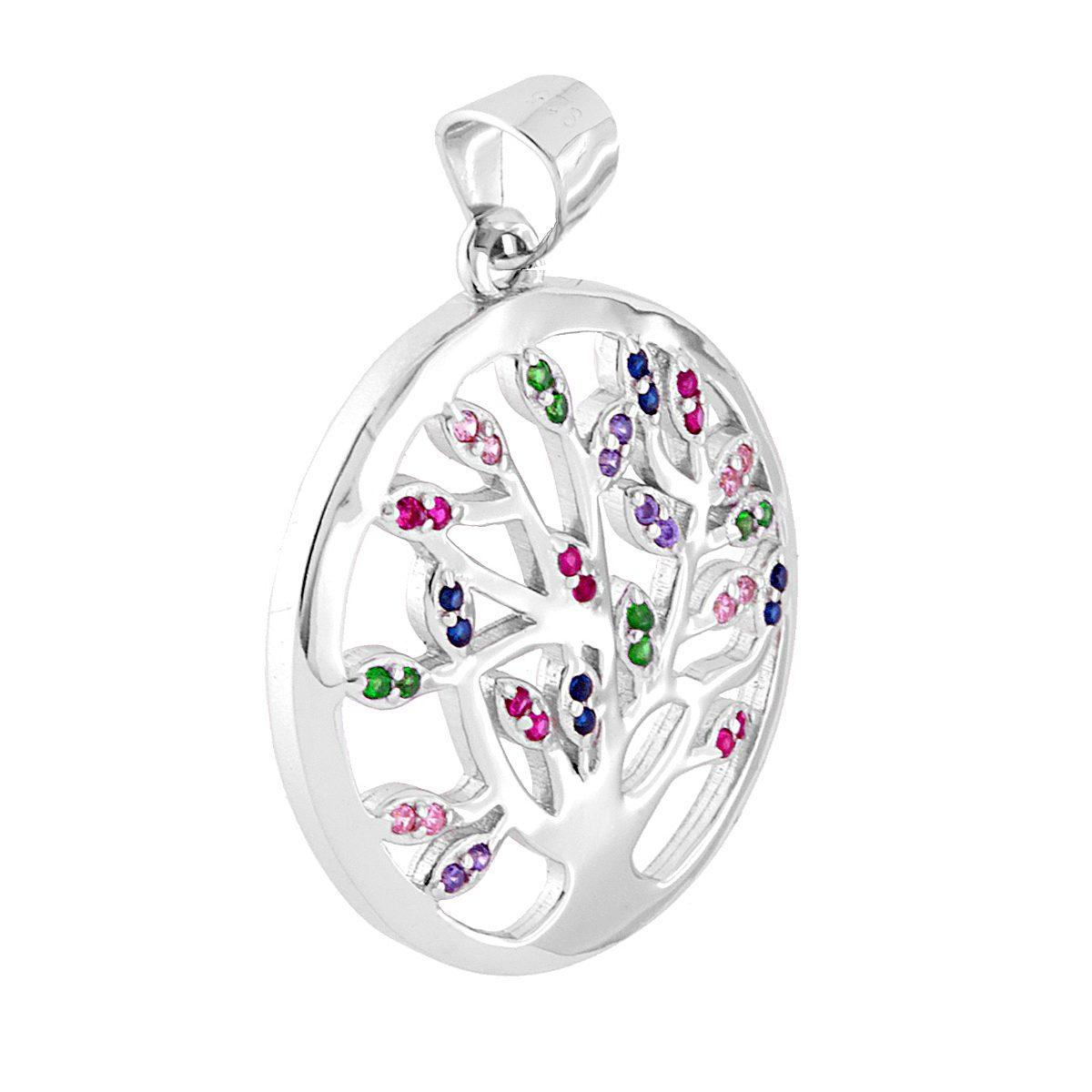 Lebensbaum-Anhänger mit multicolor Zirkonia in 925er Silber, rhodiniert. - MeinSchmuckShop