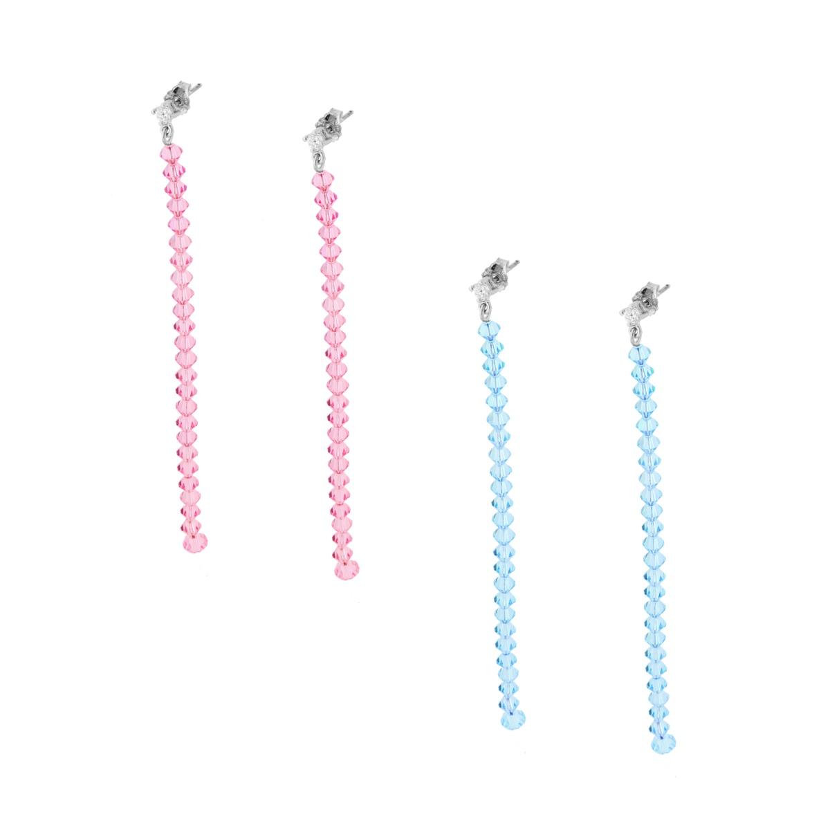 Lange Ohrringe mit weißem Zirkon und weißem Kristall – rosa oder blau – aus rhodiniertem 925er Silber - MeinSchmuckShop