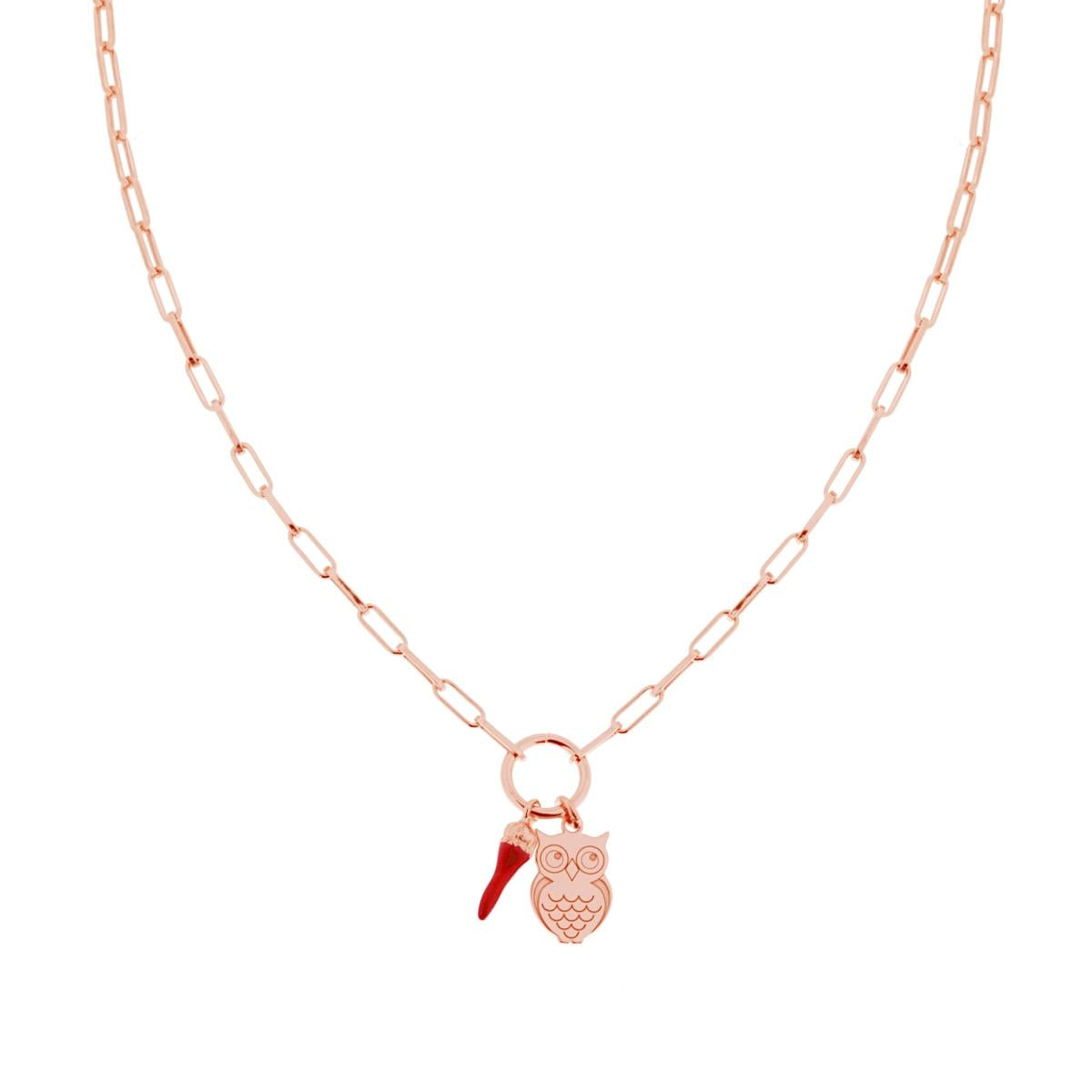 Verlängerte Ankerkette mit Glückshorn-Anhänger, roter Emaille und Eule aus 925er Silber, roségoldplattiert - MeinSchmuckShop