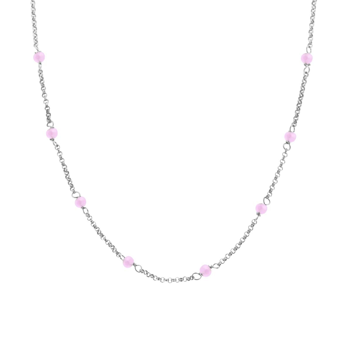 Halskette Rolo-Kette mit Diamantierung und rosa Kristall aus 925er Silber, galvanisch rhodiniert. - MeinSchmuckShop