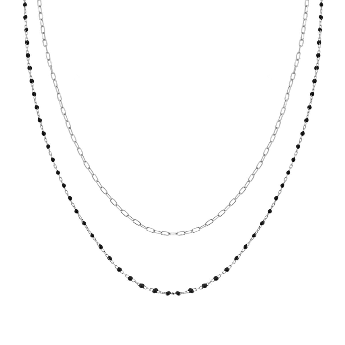 Zweisträngige Kette, feine Gliederkette, verlängert, mit schwarzer Emaille, aus 925er Silber, galvanisch rhodiniert. - MeinSchmuckShop