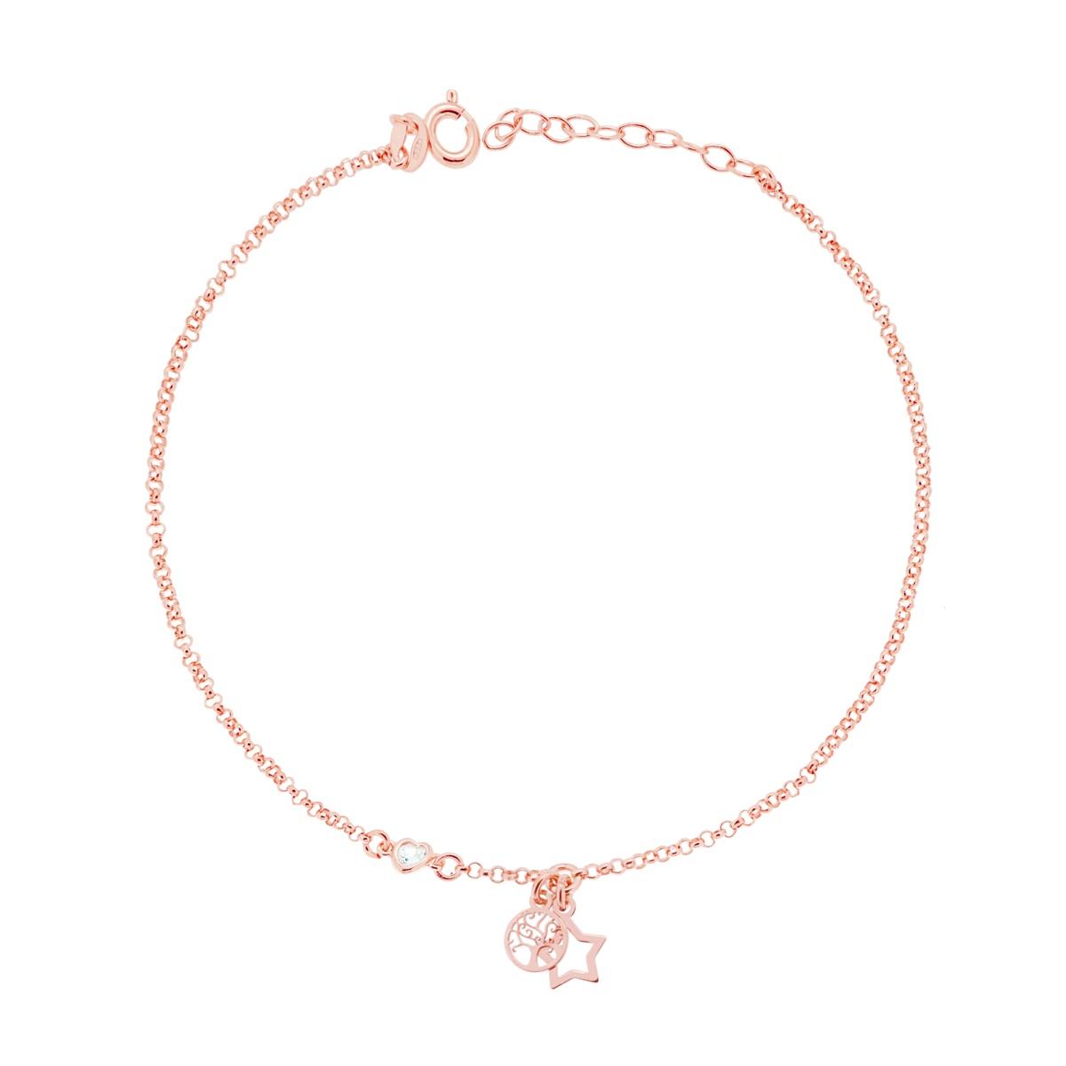 Fußkette: Rolo-Kette mit Diamanten, mit Baum des Lebens, Stern und weißem Herz-Zirkonia, aus 925er Silber, roségoldplattiert - MeinSchmuckShop