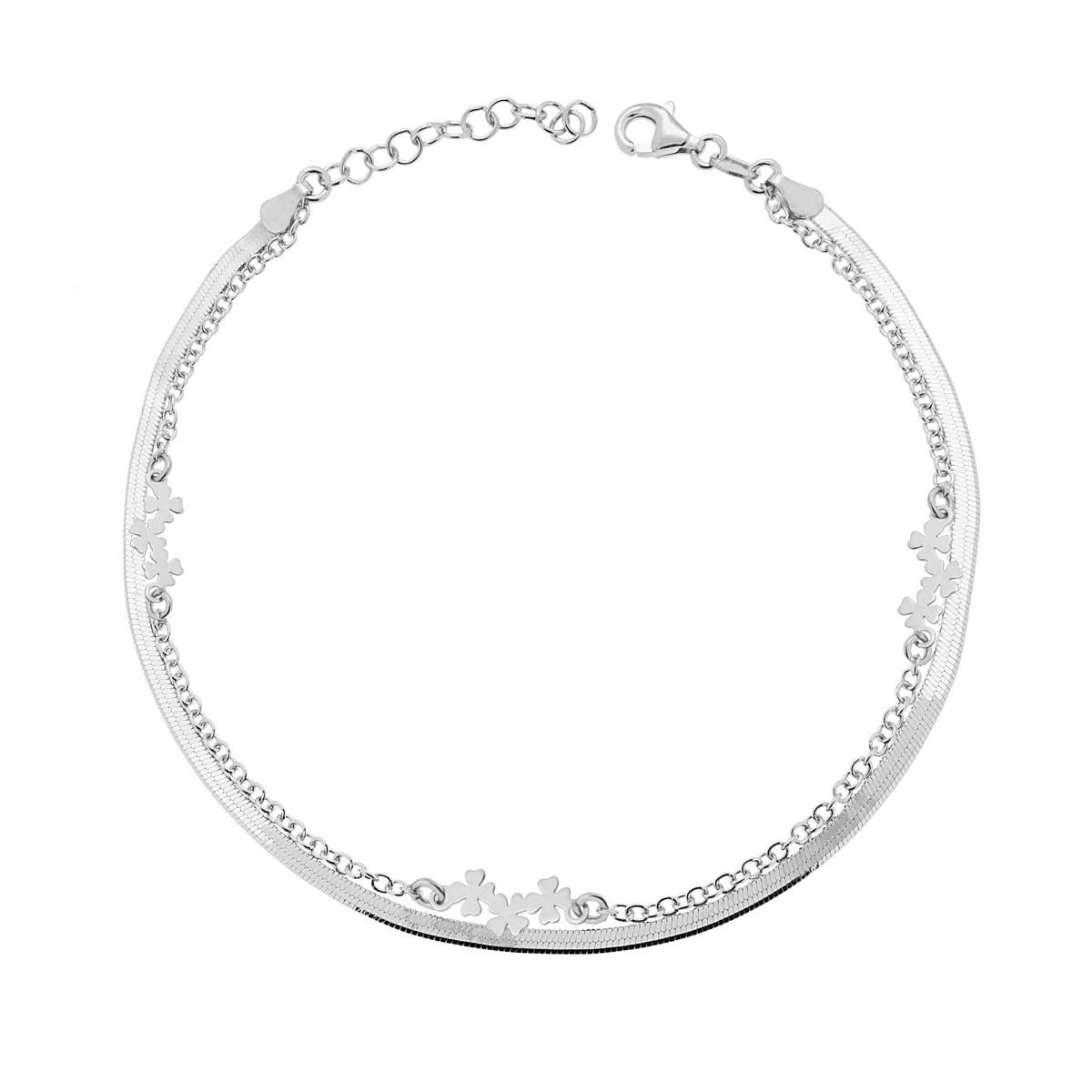 Zweifädiges Armband – Forzatina-Kette und Magik – mit Vierblättrigen Kleeblättern, Silber 925, rhodiniert (Galvanik Rodio) - MeinSchmuckShop