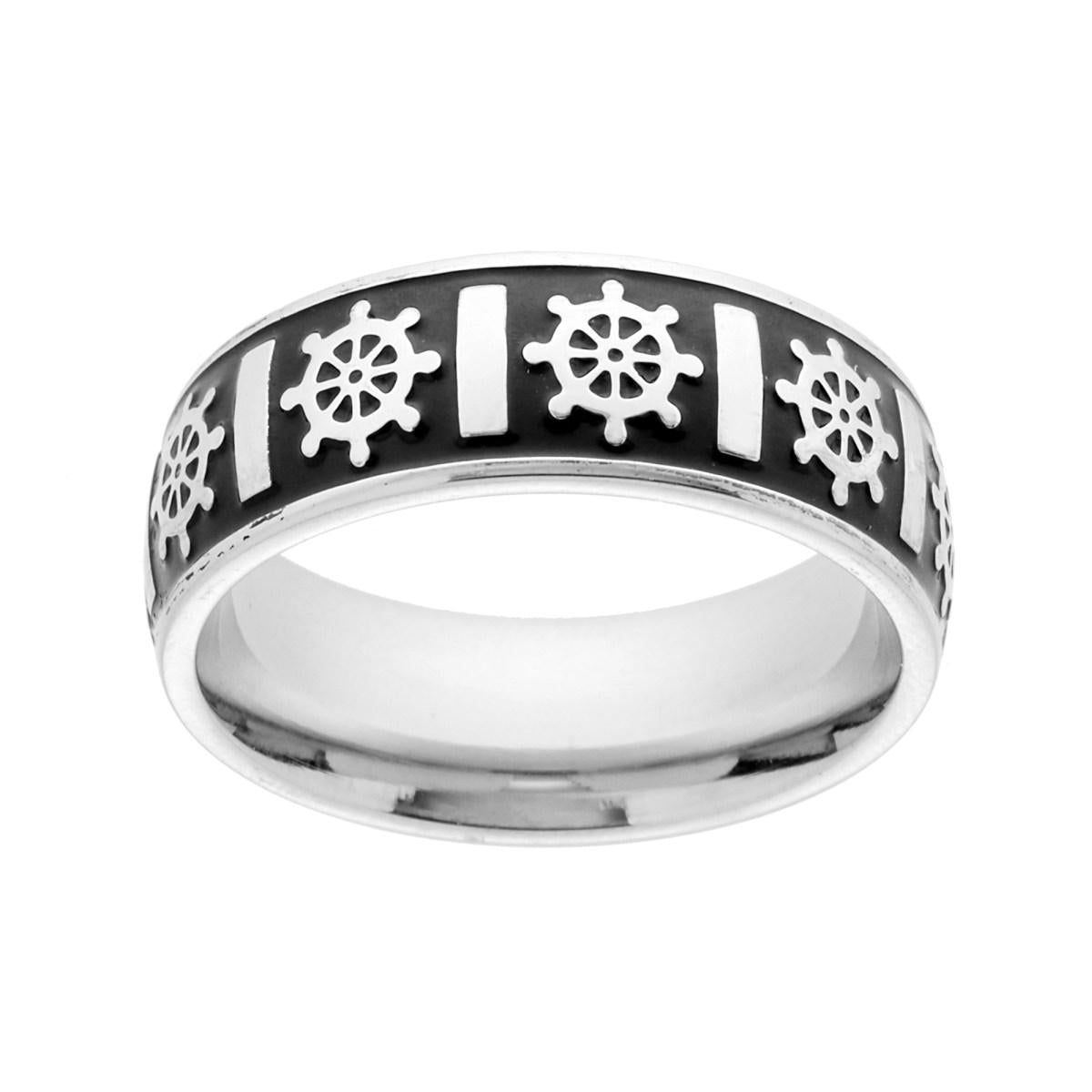 Herrenring mit gewölbtem Band, Anker und schwarzer Emaille aus Stahl - MeinSchmuckShop