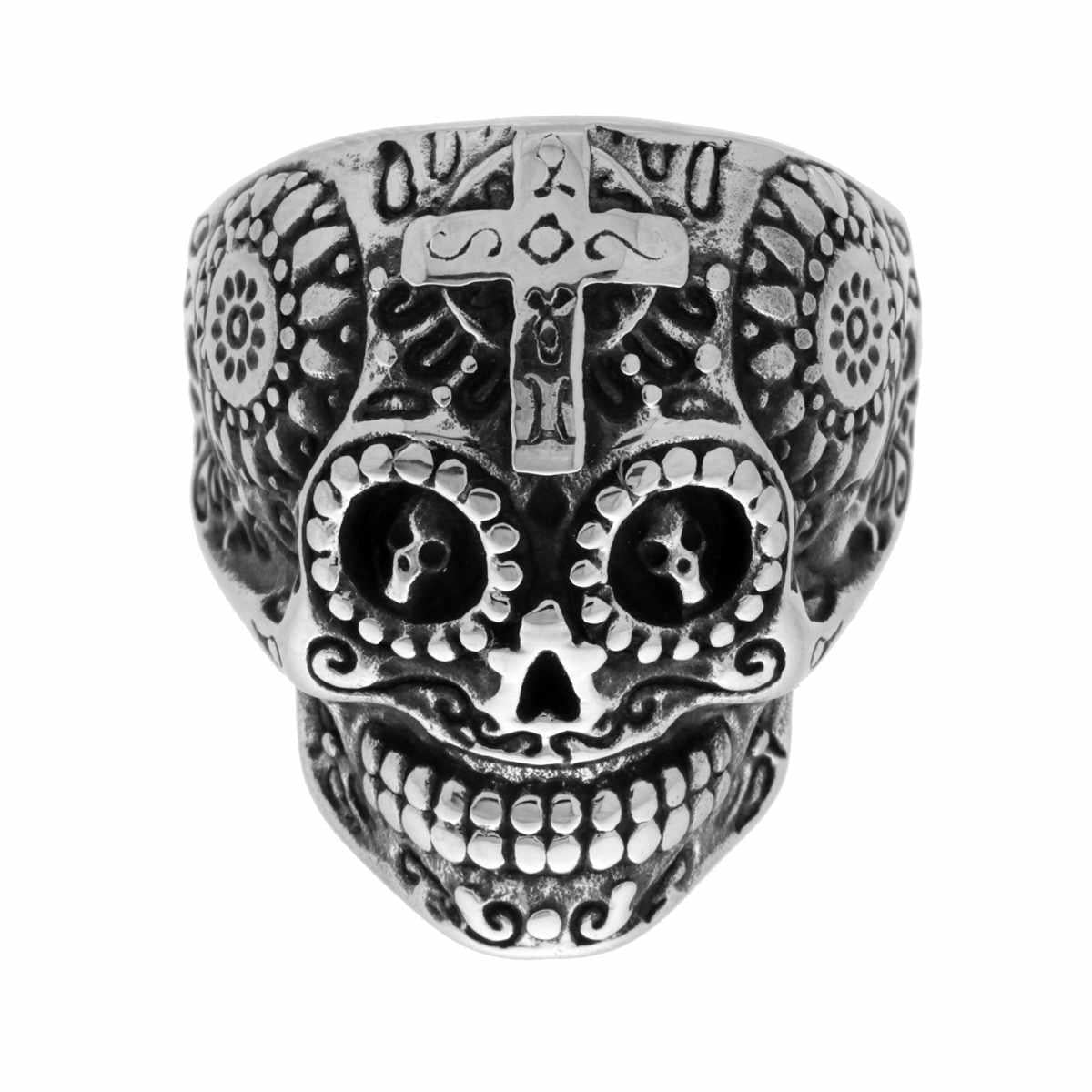 Ring Chevalier Mexikanischer Schädel mit seitlichen Verzierungen aus brüniertem Stahl - MeinSchmuckShop