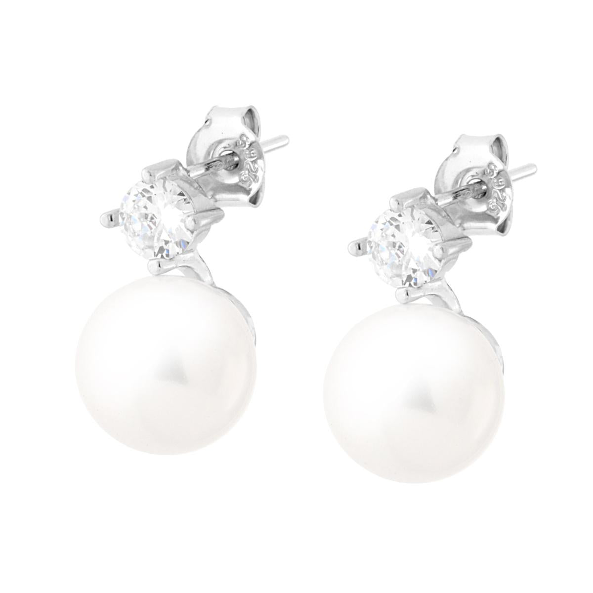 Ohrringe mit Punkt-Licht Zirkonia Weiß, mit Perle, 10 mm, Silber 925 rhodiniert galvanisch - MeinSchmuckShop