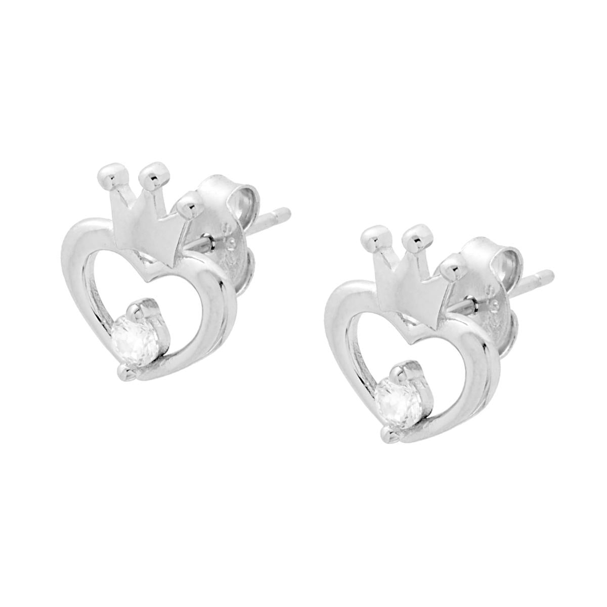 Herz-Ohrringe mit Krone und Cubic Zirconia Weiß, Silber 925 galvanisch rhodiniert. - MeinSchmuckShop