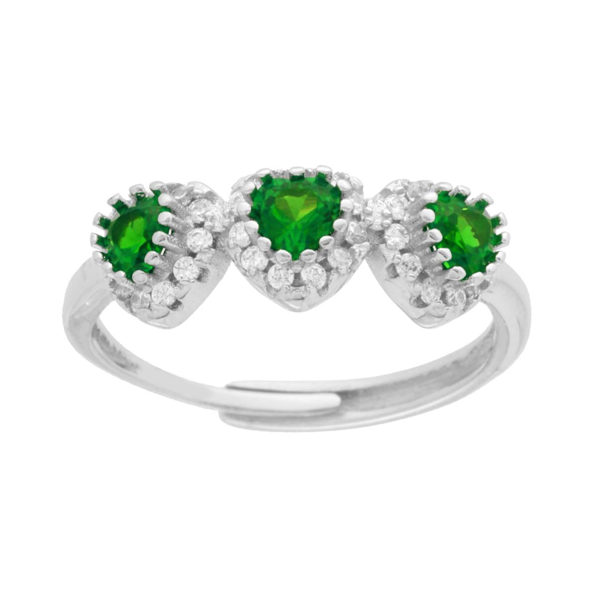 Ring-Trilogie Herzen-Zirkone Smaragdgrün, umgeben von weißen Zirkonen, in 925er Silber rhodiniert - MeinSchmuckShop