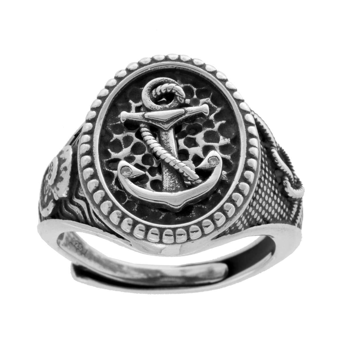 Ovaler Chevalier-Ring mit Anker und seitlicher maritimer Dekoration aus 925er Silber, galvanisch rhodiniert und brüniert - MeinSchmuckShop