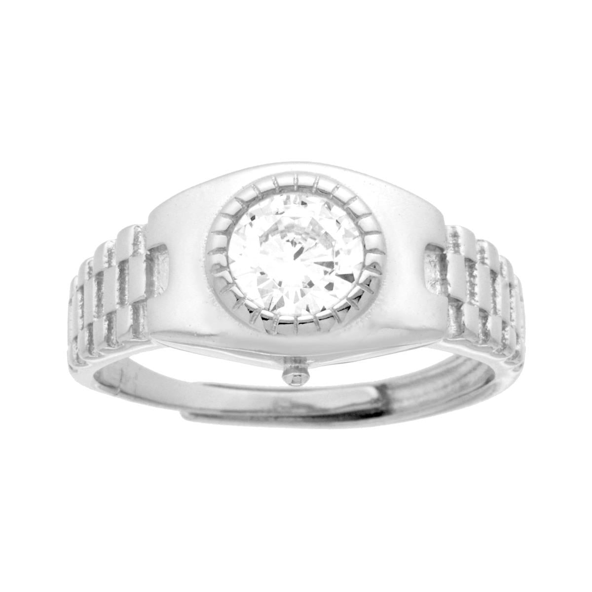 Solitärring für Herren, Modell Bezel-Uhr mit weißem Zirkonia, Silber 925, rhodiniert galvanisch. - MeinSchmuckShop
