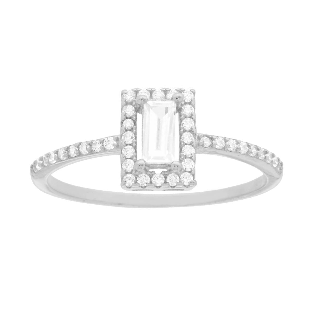 Solitärring mit weißem rechteckigem Cubic Zirconia aus 925er Silber, rhodiniert. - MeinSchmuckShop