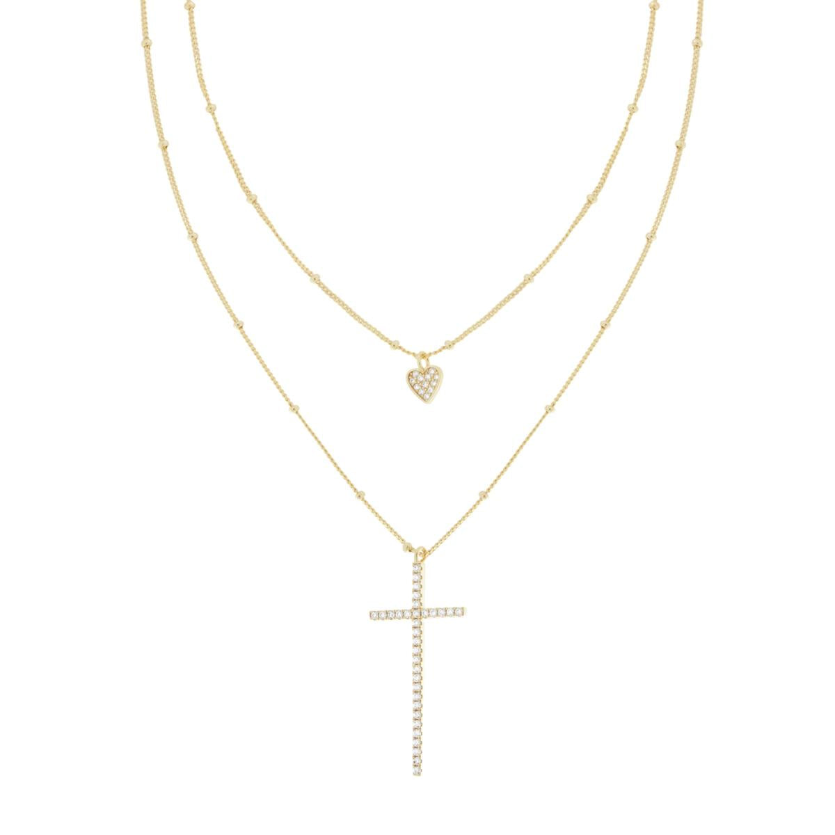 Zweifädige Halskette mit diamantierter Grumetta-Kette, Herz- und Kreuzanhänger aus weißen Cubic Zirconia, Silber 925, galvanisch vergoldet. - MeinSchmuckShop