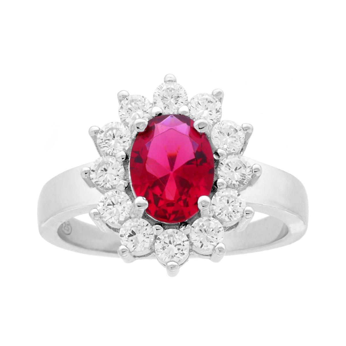 Ring Halo Solitär Oval mit rubinrotem Cubic Zirconia, umgeben von weißen Cubic Zirconia, aus 925er Silber rhodiniert. - MeinSchmuckShop