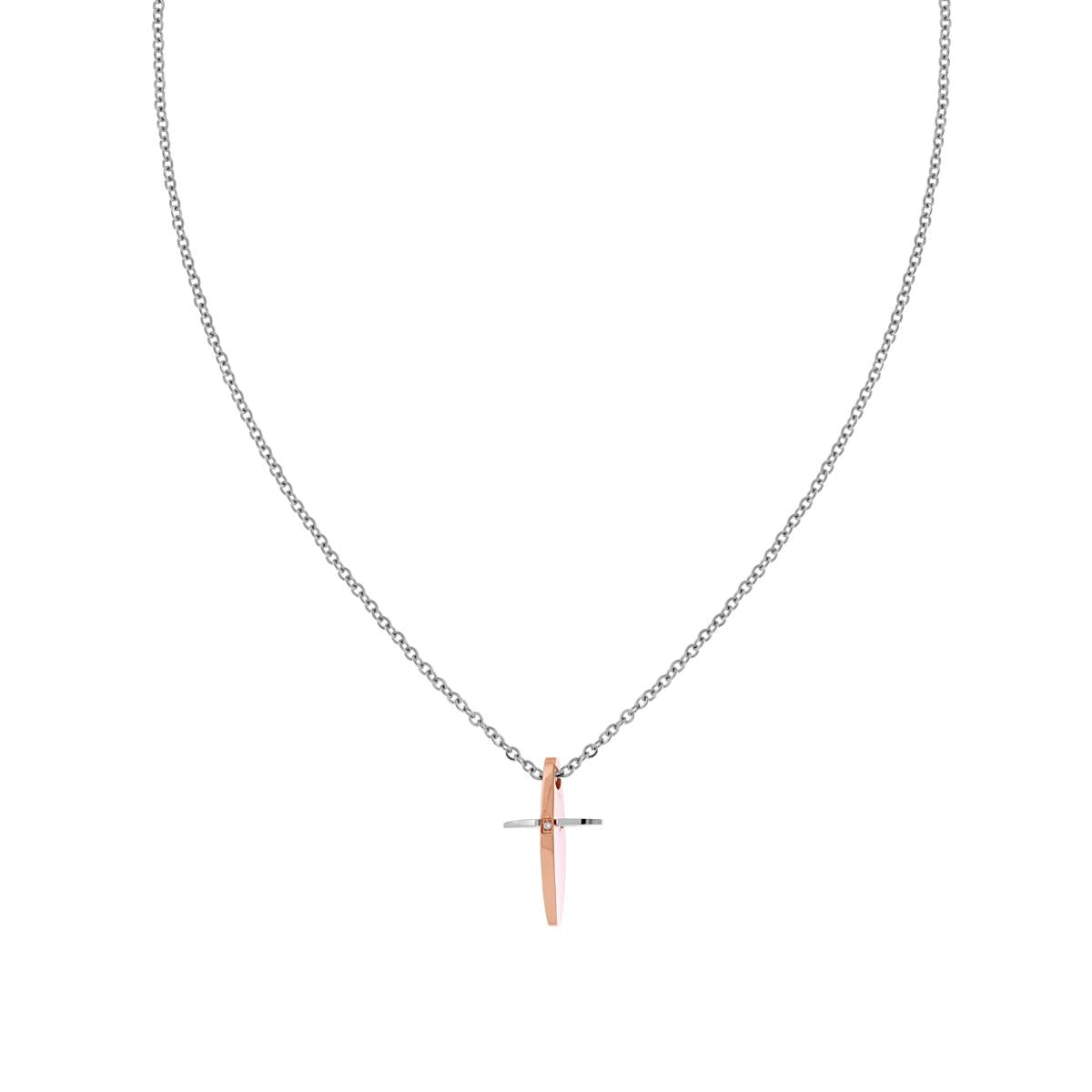 Kette aus Forzatina-Diamantkette mit hängendem Kreuz, rosa Farbdetail, weißer Kristall, aus Edelstahl - MeinSchmuckShop