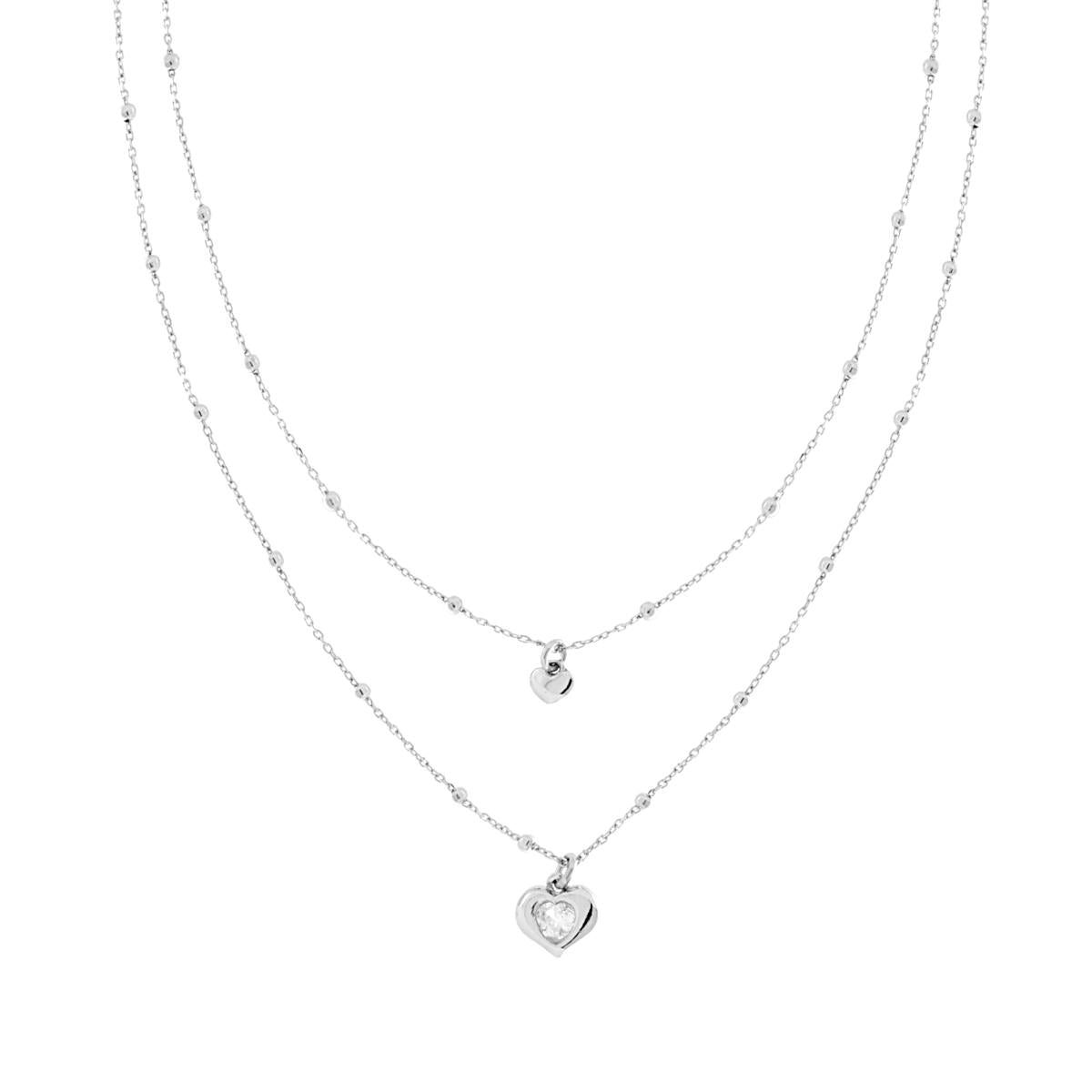 Zweifadenkette, diamantierte Kette mit glatten Kugeln und Herz-Anhänger mit Cubic Zirconia, weiß, aus 925er Silber rhodiniert. - MeinSchmuckShop