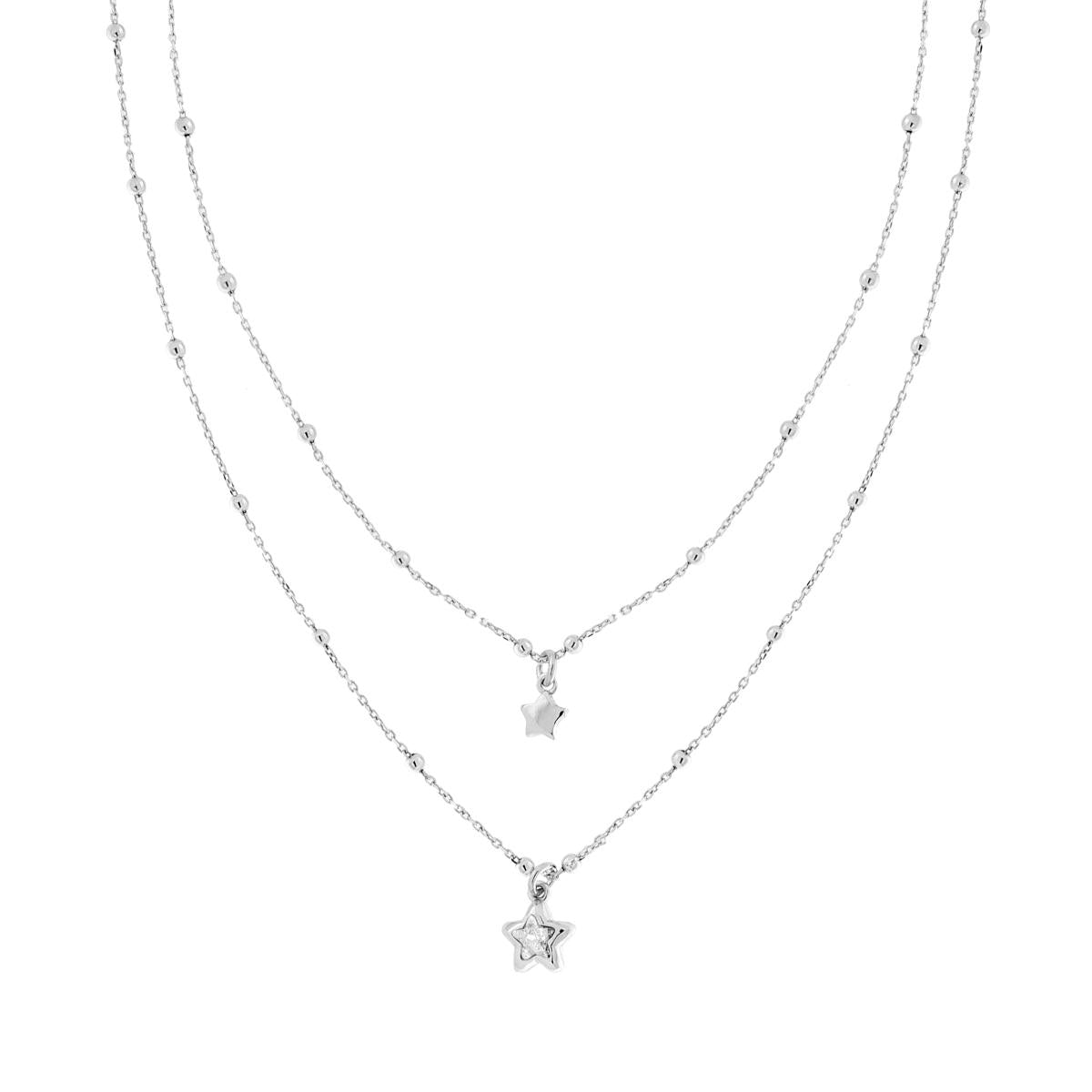 Zweifädige Halskette mit diamantierter Kette, glatten Perlen und hängenden Sternen mit Cubic Zirconia, Weiß, aus 925er Silber, rhodiniert - MeinSchmuckShop