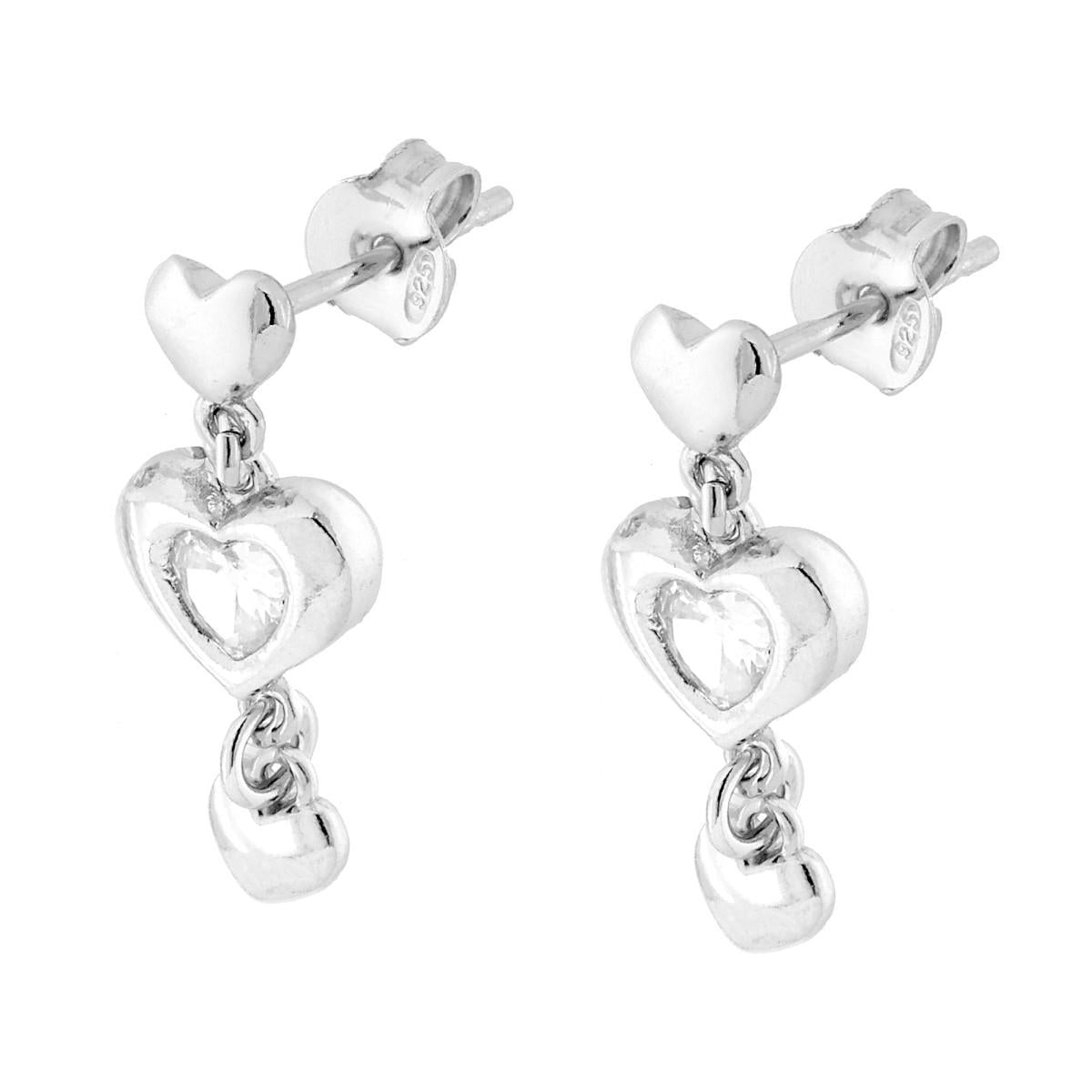 Ohrringe – Herzen und weiße Cubic-Zirkonien, hängend, aus Silber 925, rhodiniert. - MeinSchmuckShop