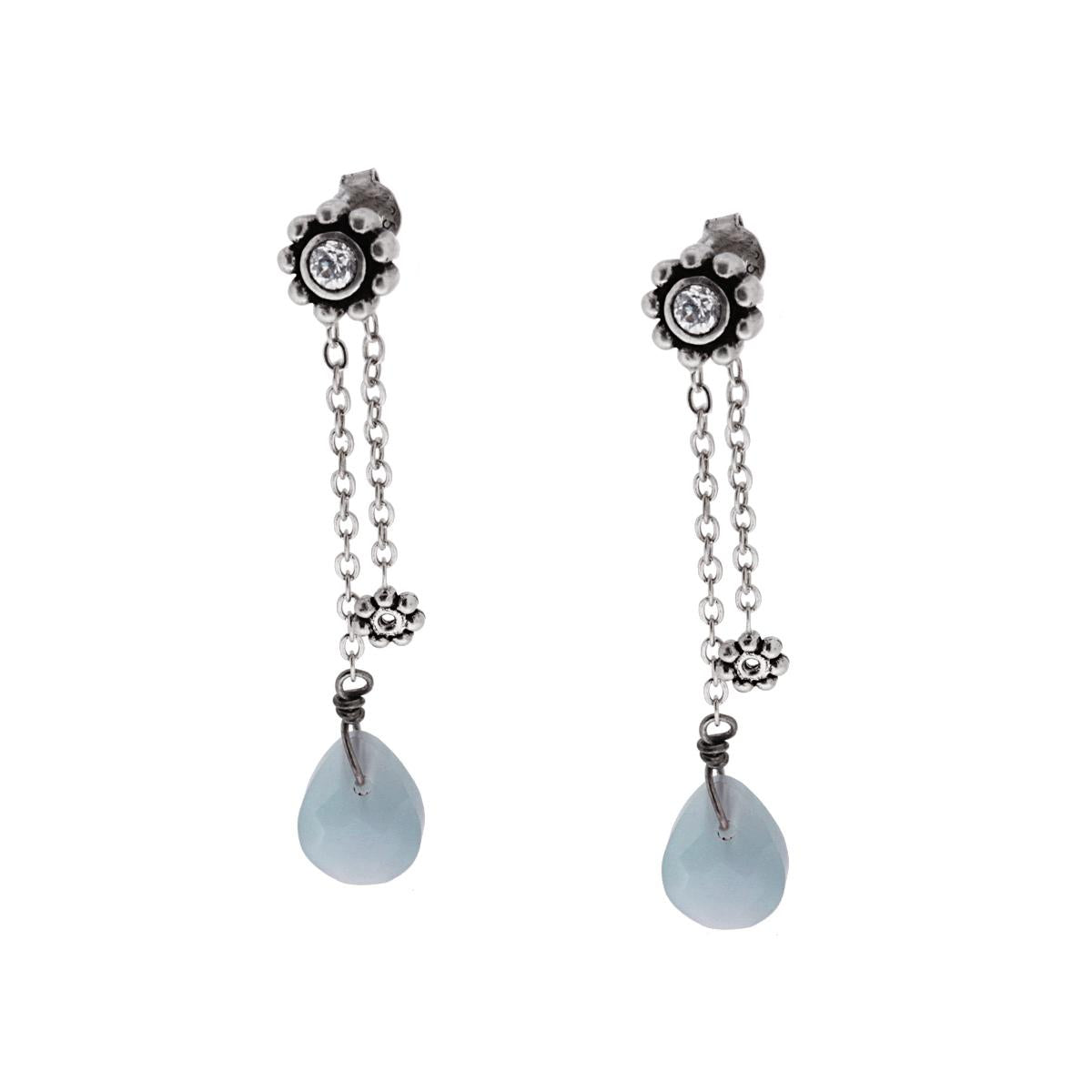Ethnische Ohrringe mit zwei Anhängern, mit Blume, weißem Zirkon und Chalzedon-Naturstein-Tropfen in Silber 925 - MeinSchmuckShop