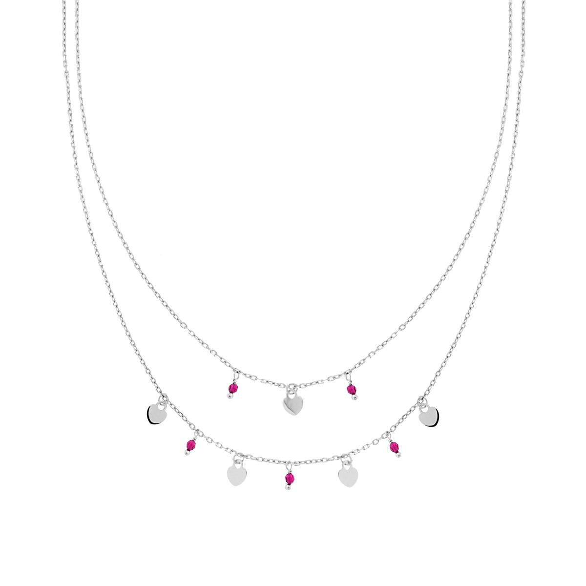 Kette mit zwei Fäden, feine Diamantkette mit schlichten Herzen und rubinrotem Kristall-Anhänger aus 925er Silber, rhodiniert galvanisch. - MeinSchmuckShop