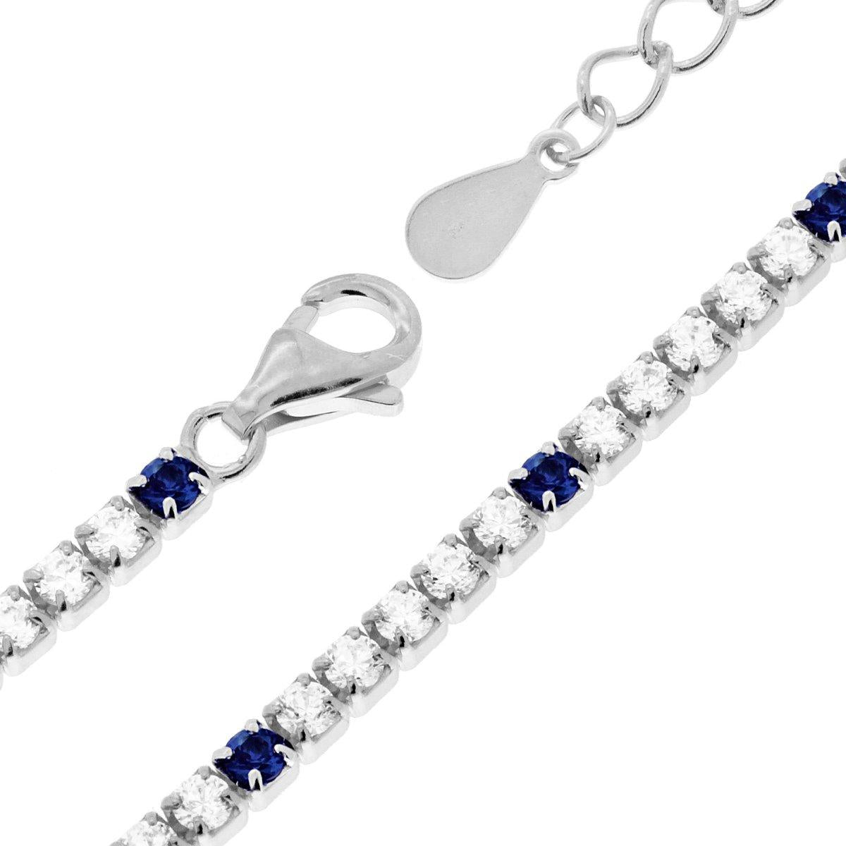 Tennisarmband mit Prongs, Länge 17+3 cm, mit 2 mm Zirconia, weiße und blaue Saphire abwechselnd, aus 925er Silber rhodiniert - MeinSchmuckShop