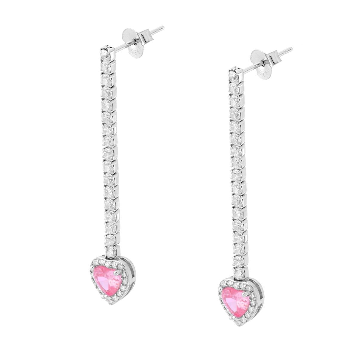 Lange Tennis-Ohrringe mit rosa Herz-Anhänger, umgeben von weißen Cubic-Zirkonien, aus 925er Silber rhodiniert. - MeinSchmuckShop