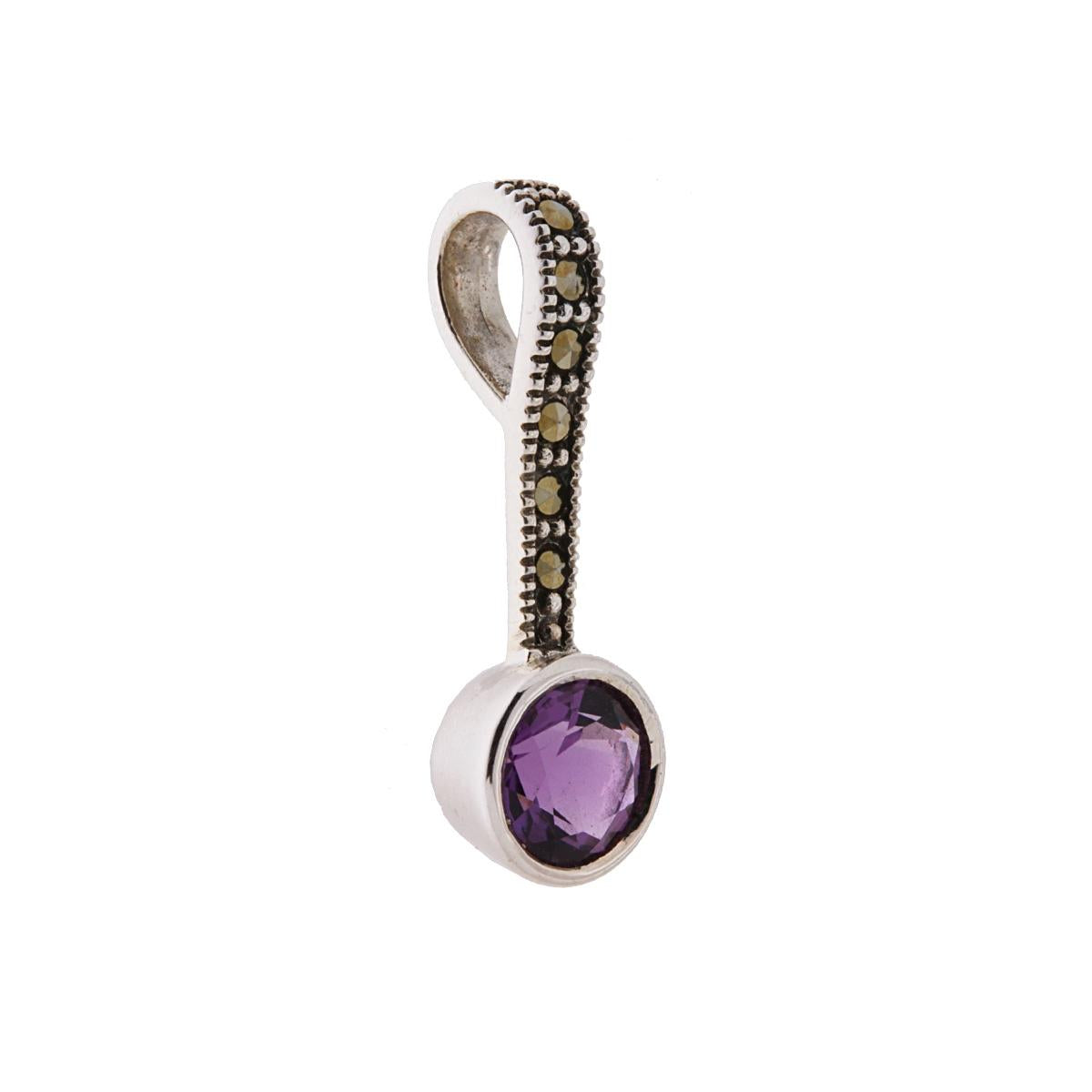 Ethnischer runder Anhänger mit Naturstein-Amethyst und Markasit aus 925er Silber - MeinSchmuckShop
