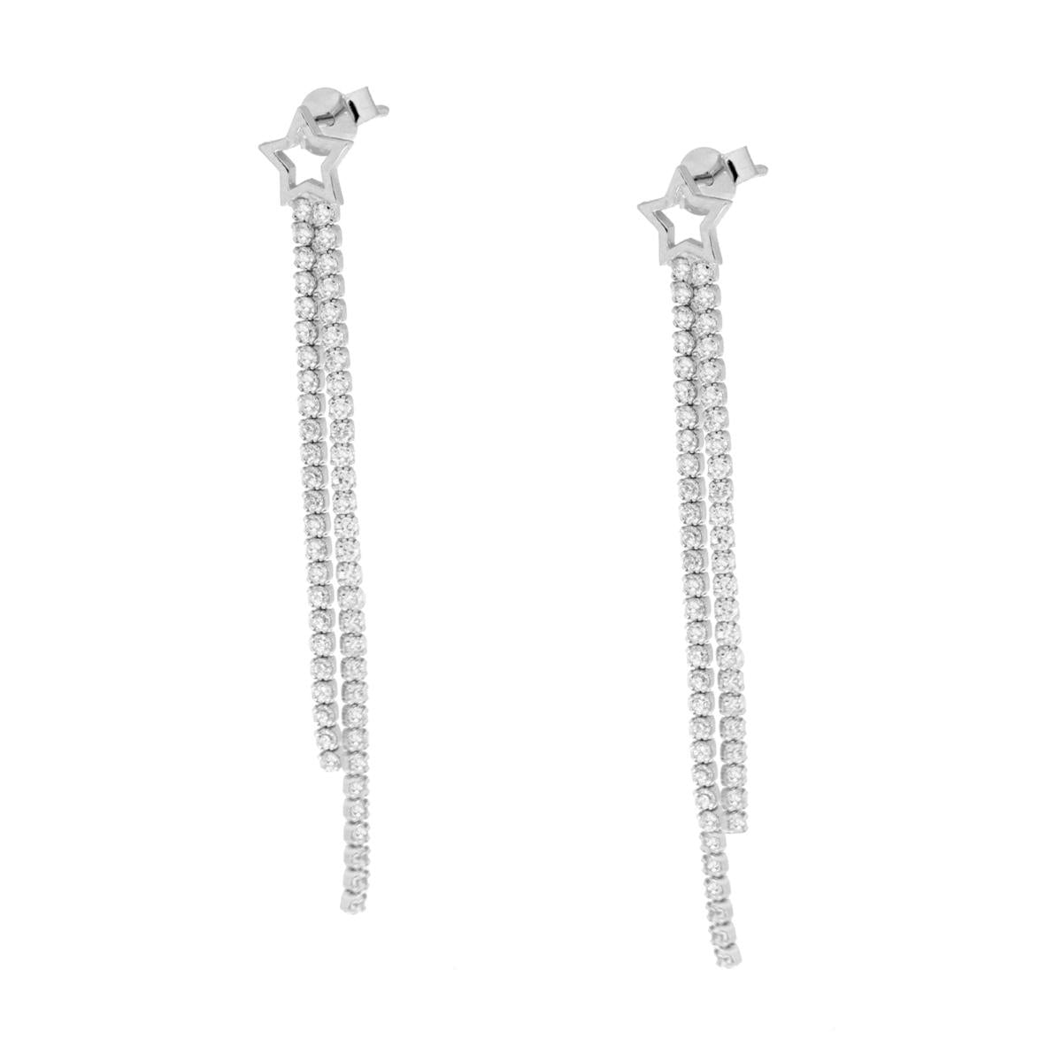 Lange Ohrringe mit zwei Strängen Tennis-Design, mit weißen Zirkonias und Stern, aus 925er Silber, rhodiniert. - MeinSchmuckShop