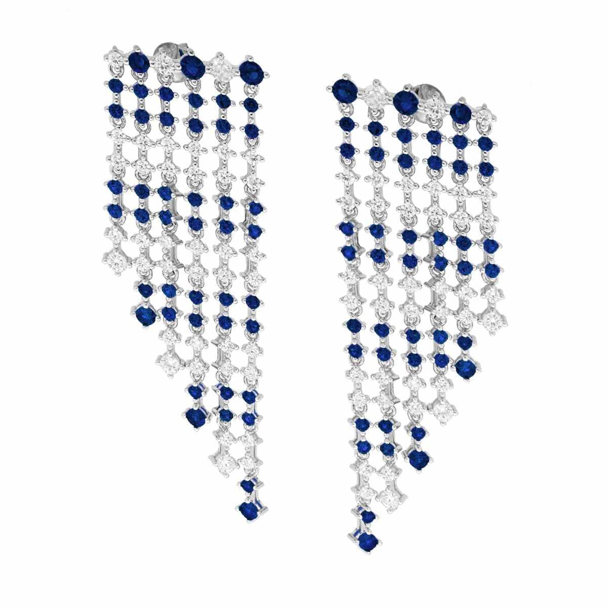 Ohrstecker Kronleuchter, sechs Fäden abgestuft, Tennis mit Cubic Zirconia Blau Saphir und Weiß abwechselnd in Silber 925 galvanisch Rhodium - MeinSchmuckShop