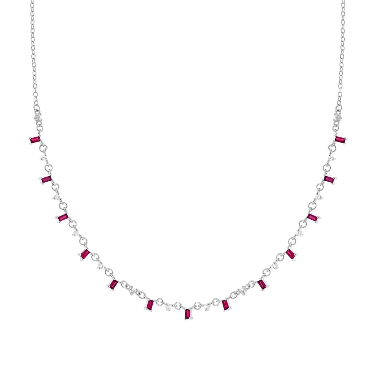 Kette mit Forzatina-Diamantierung, mit Cubic Zirconia-Baguette, rubinrot und weißen Lichtpunkten, hängend aus Silber 925 rhodiniert - MeinSchmuckShop