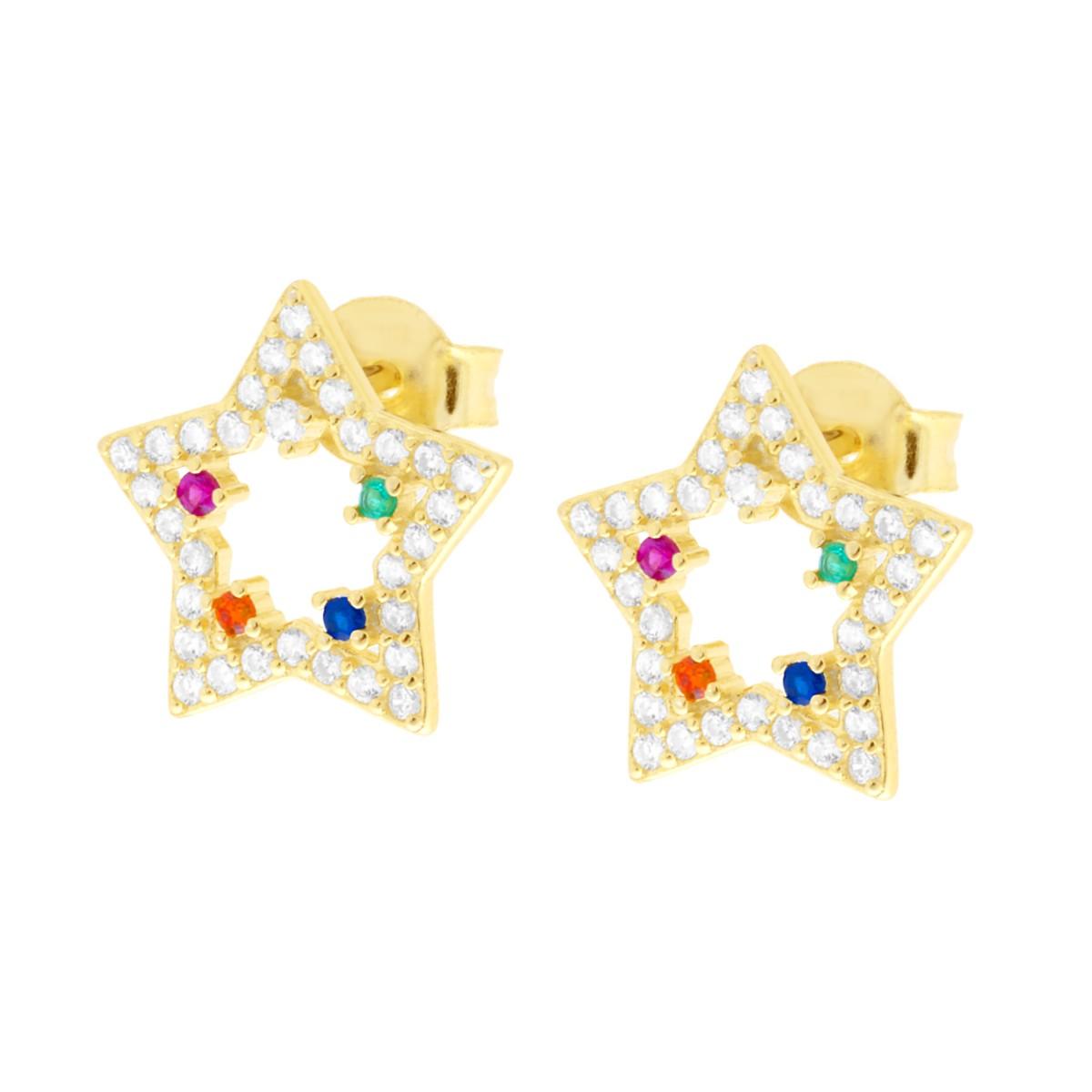 Ohrringe in Sternform mit multicolor Cubic Zirconia aus 925er Silber, Gold galvanisiert - MeinSchmuckShop