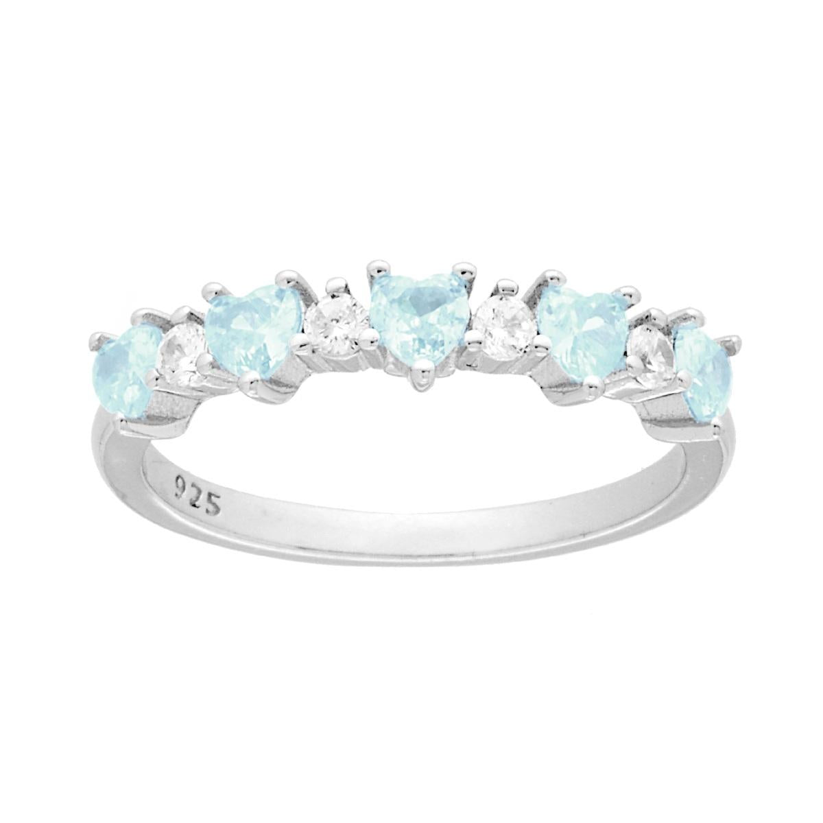 Ring in Veretta-Form mit Herzen, Cubic Zirconia und Aquamarin, abwechselnd mit weißen Rundsteinen, aus 925er Silber, rhodiniert. - MeinSchmuckShop