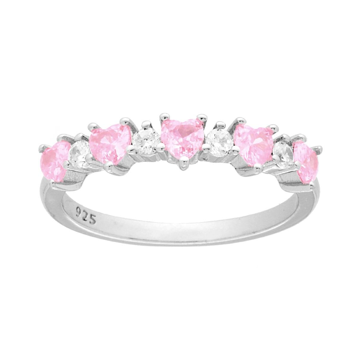 Veretta-Ring mit rosa Herzen aus Cubic-Zirconia, abwechselnd mit weißen Rundsteinen, aus 925er Silber, rhodium-plattiert - MeinSchmuckShop
