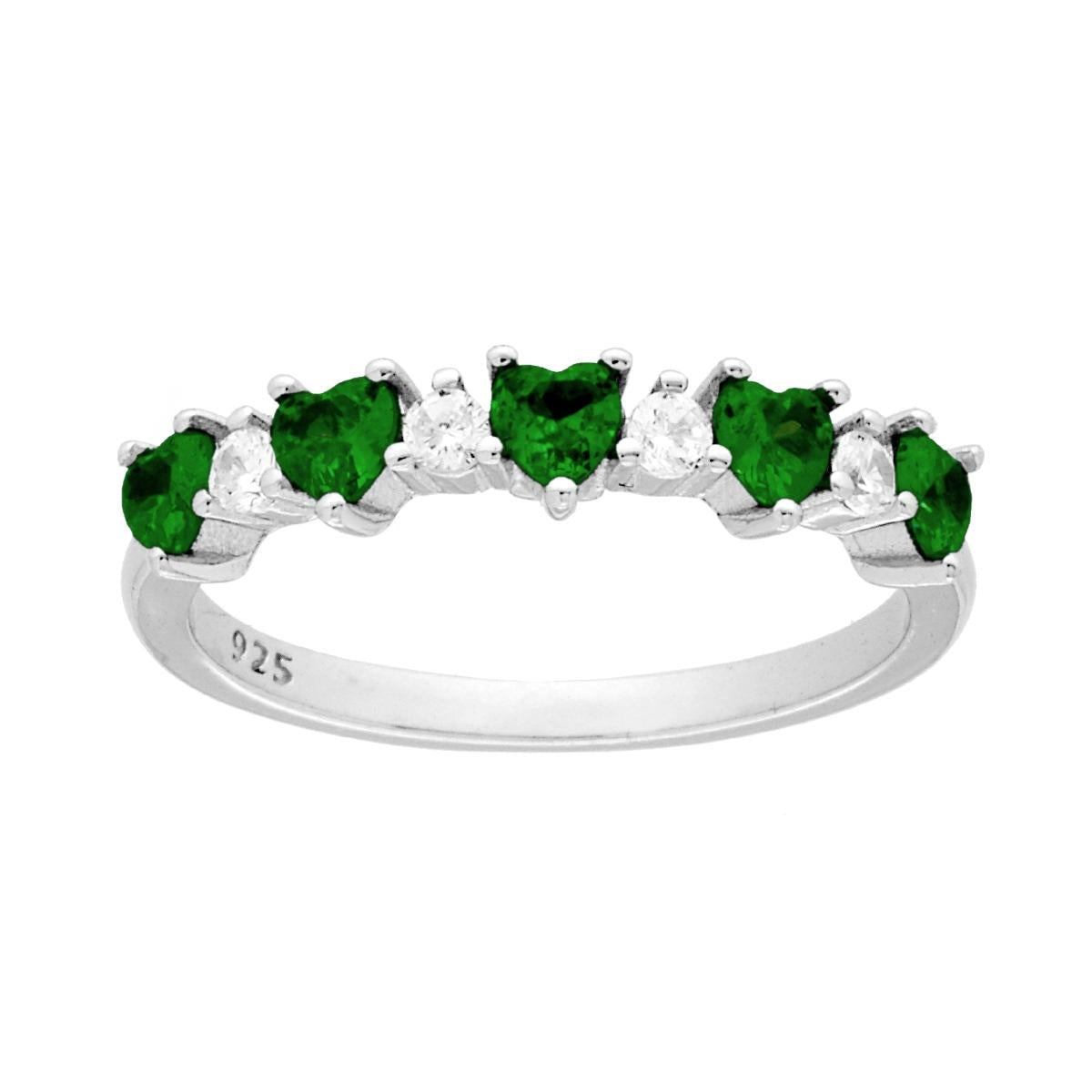 Veretta-Ring mit Herzen, emeraldgrünem Cubic Zirconia, abwechselnd mit weißen Rundsteinen, aus 925er Silber rhodiniert - MeinSchmuckShop