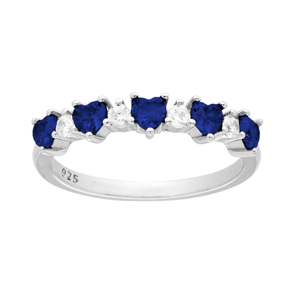 Ring Veretta Herzen kubisches Zirkon Blau Saphir abwechselnd mit weißen Rondellen aus 925er Silber rhodiniert - MeinSchmuckShop