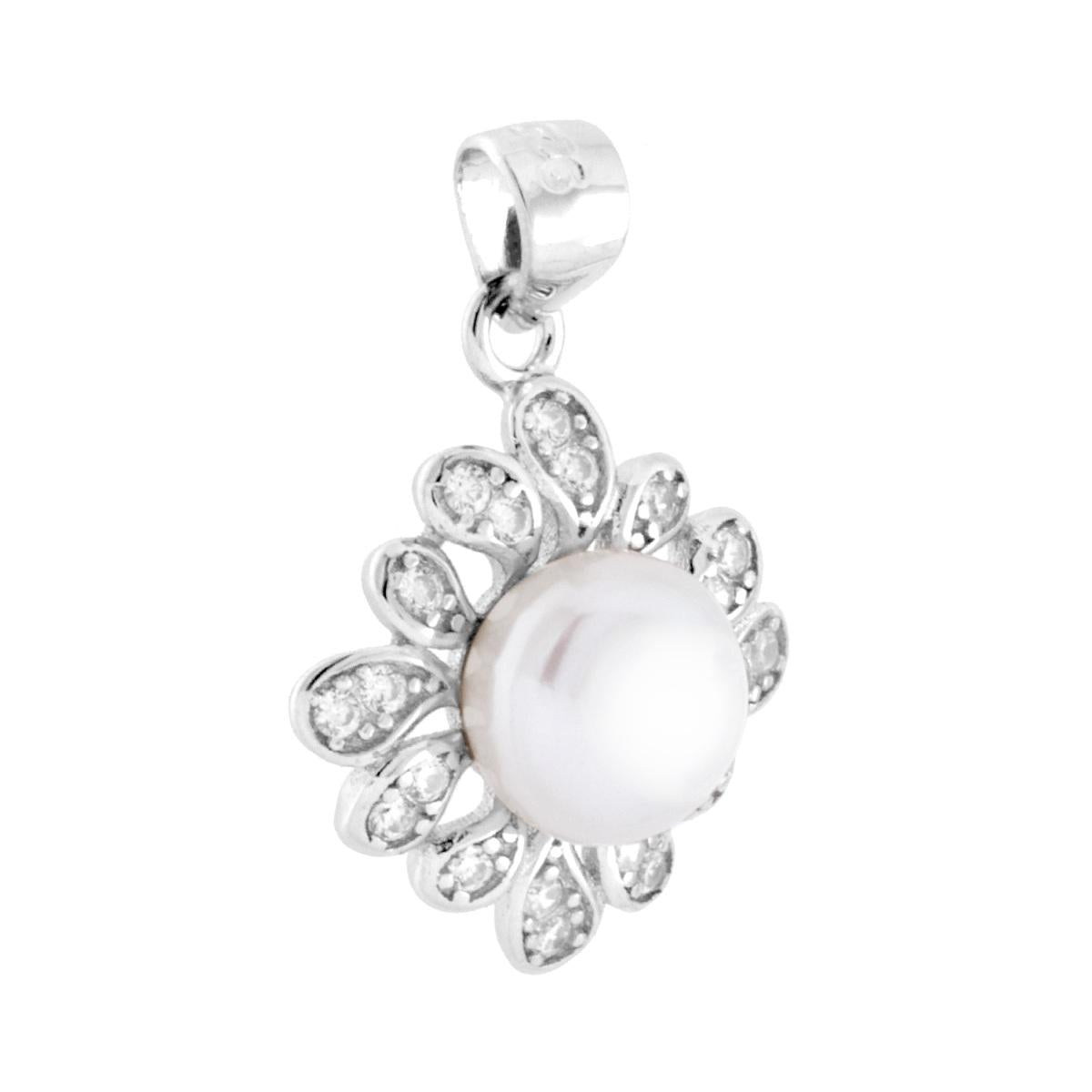 Anhänger mit Süßwasserperle, umgeben von weißen Cubic-Zirconia-Blütenblättern, aus Silber 925, rhodiumbeschichtet - MeinSchmuckShop