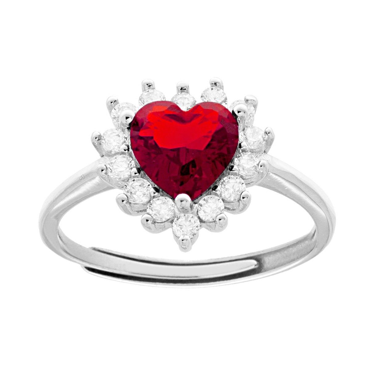 Solitärring Herz Rubinrot, umgeben von weißen Cubic Zirconia, aus 925er Silber rhodiniert - MeinSchmuckShop