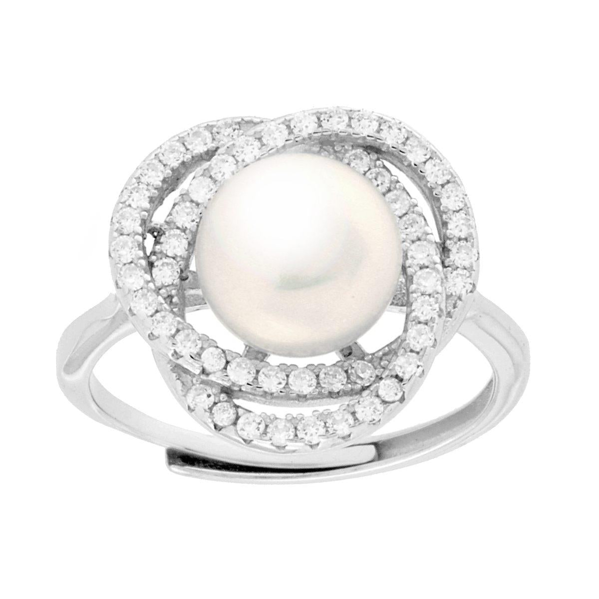 Ring aus Flussperle mit weißen Cubic Zirconia, 925er Silber, rhodiniert. - MeinSchmuckShop