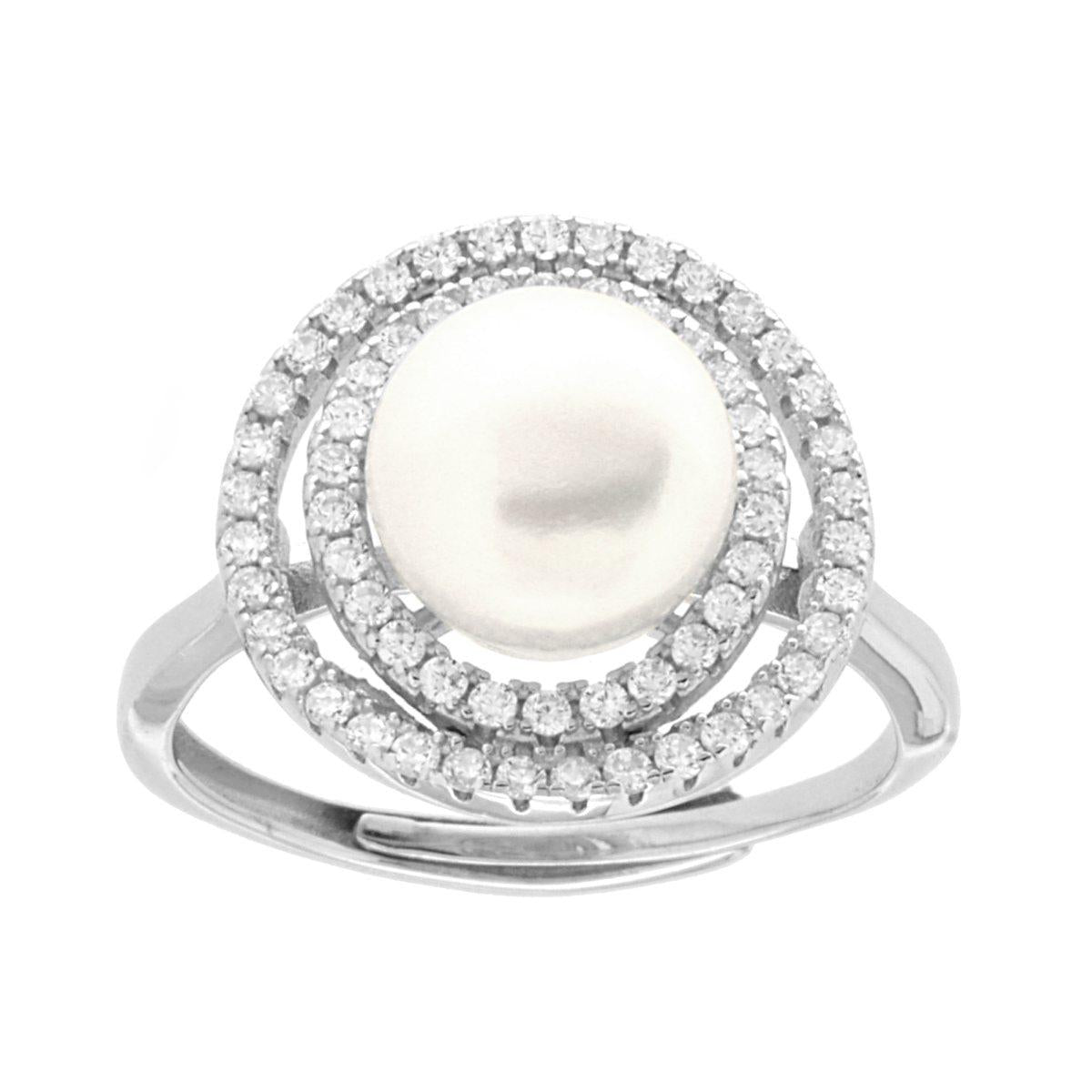 Ring mit Flussperle und weißen Cubic Zirconia aus 925er Silber, rhodiniert. - MeinSchmuckShop