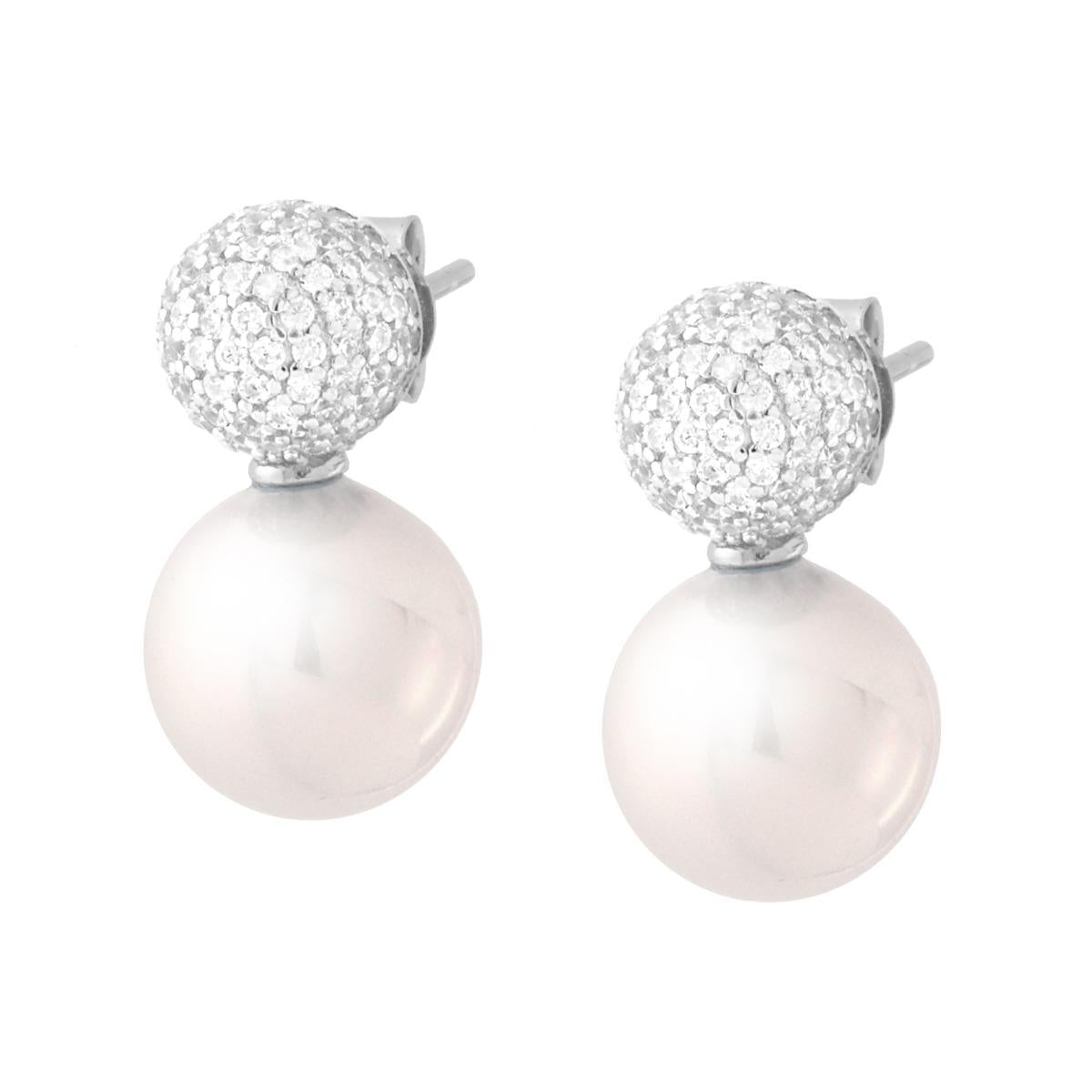 Ohrstecker mit Perle, Halbkugel, weiße Cubic-Zirkonia, Silber 925 galvanisch rhodiniert - MeinSchmuckShop