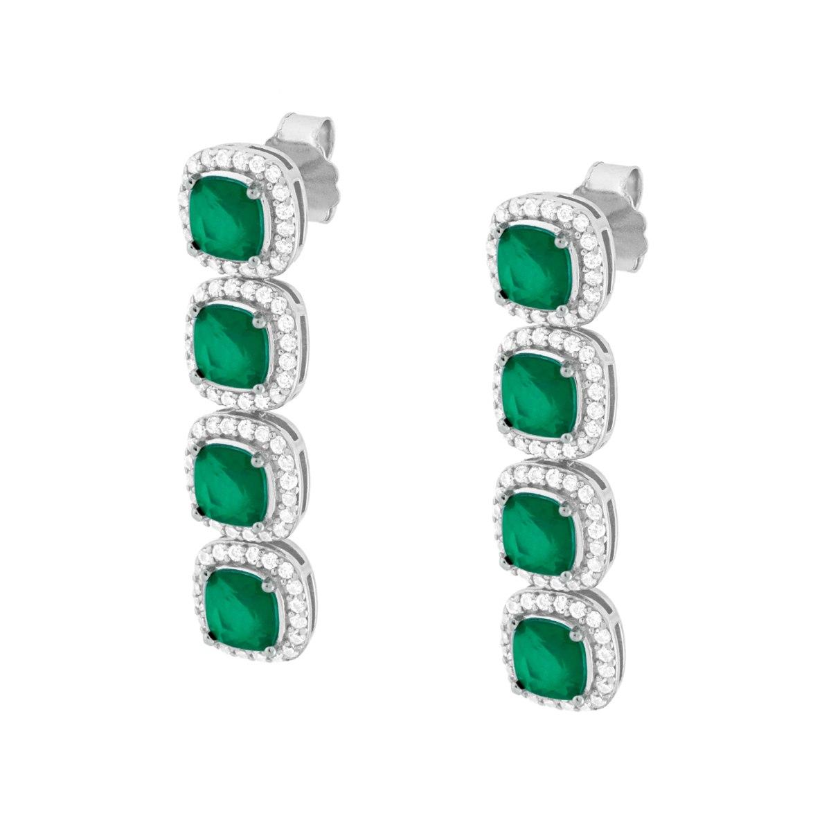 Quadratische hängende Ohrringe mit natürlichen smaragdgrünen Steinen, umrahmt von weißen Cubic-Zirkonien, aus rhodiniertem 925er Silber. - MeinSchmuckShop