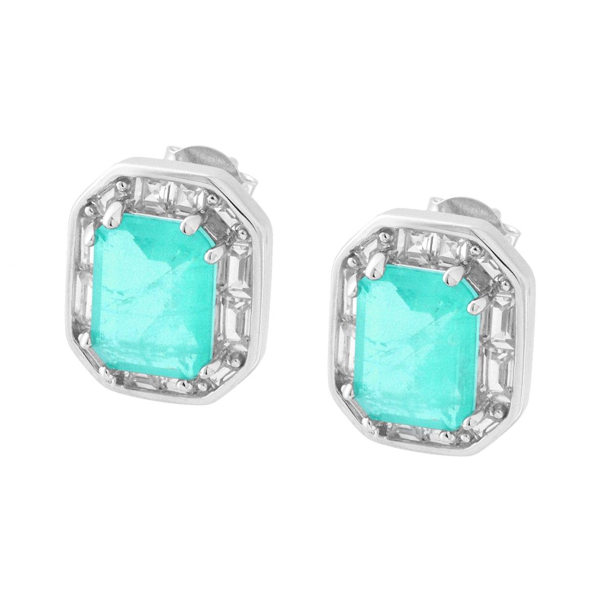 Ohrstecker Rechteck mit weißen Cubic-Zirkonia-Baguetten und natürlichem Aquamarin aus Silber 925, rhodiumbeschichtet - MeinSchmuckShop