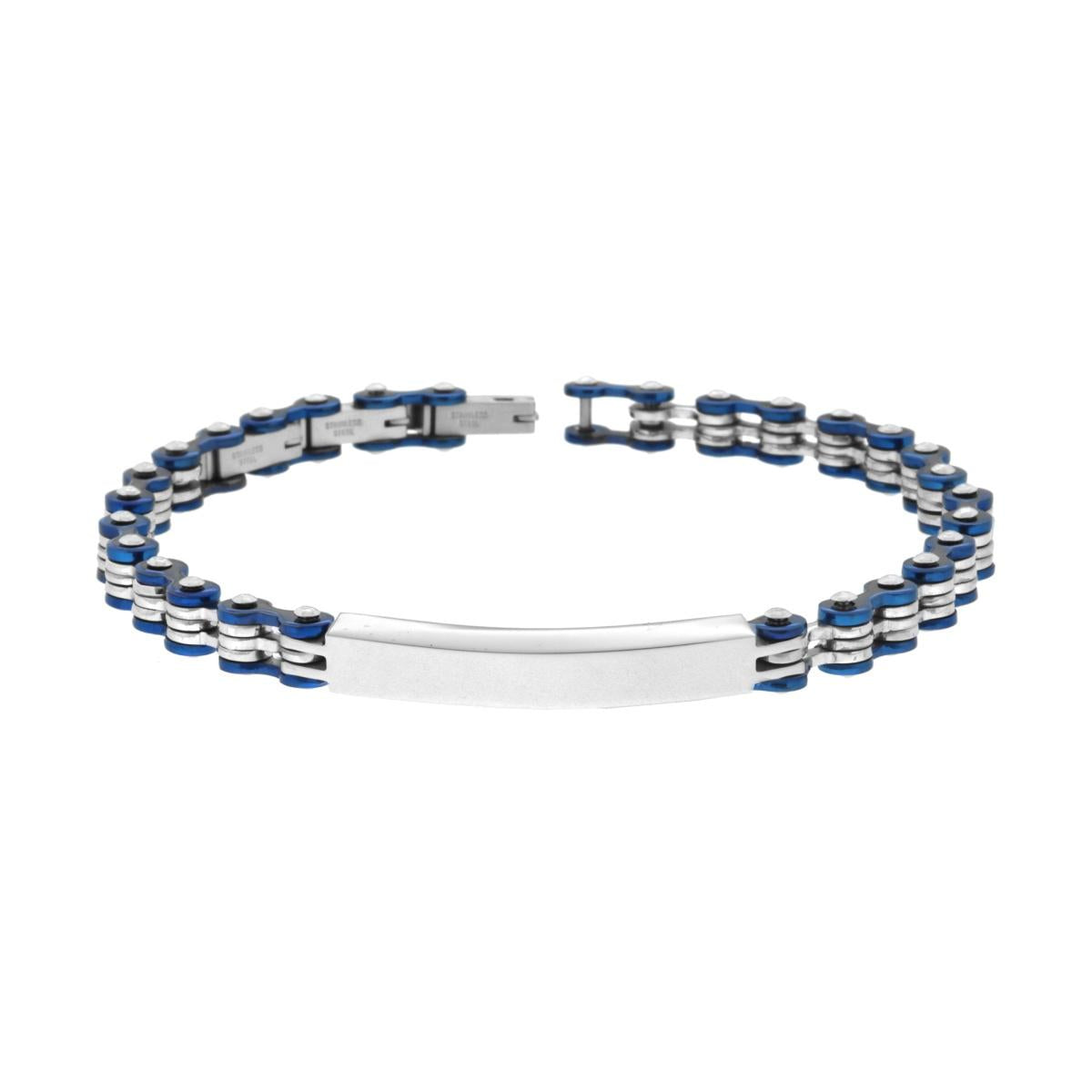 Herrenarmband mit blauer Fahrradkette, 6,7 mm, und Edelstahlplakette - MeinSchmuckShop