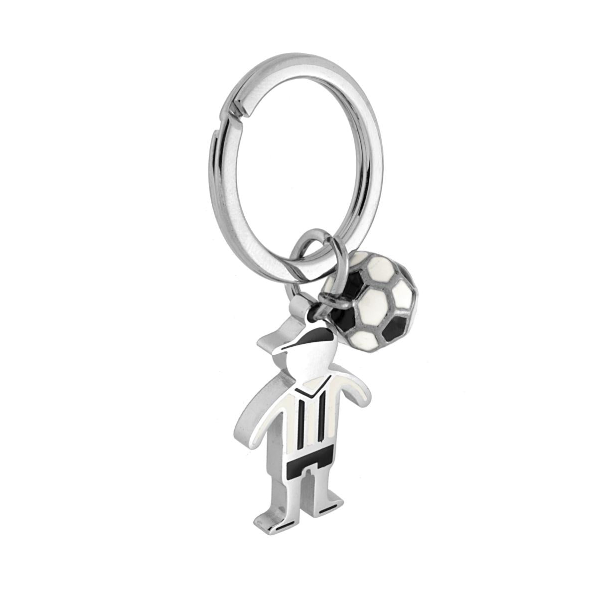 Schlüsselanhänger mit Ring, kleines Männchen und Fußball mit weißer und schwarzer Emaille aus Stahl. - MeinSchmuckShop