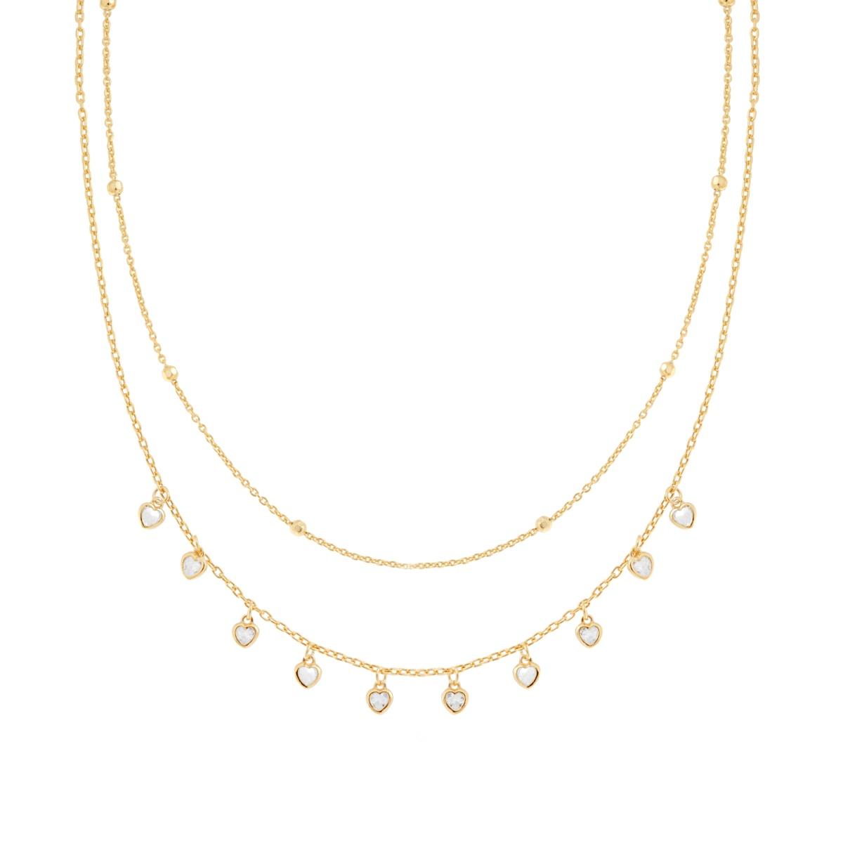 Zwei-Faden-Kette, Forzatina-Diamantierte Kette mit weißen Cubic Zirconia-Herzen, Anhänger aus Silber 925, Gold galvanisiert - MeinSchmuckShop