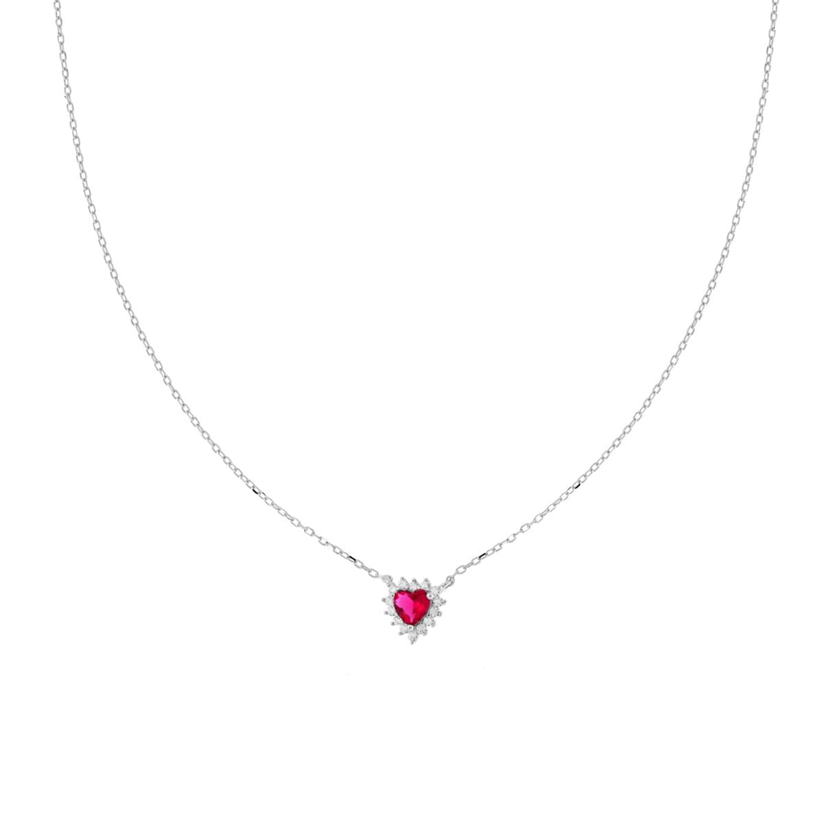 Kette mit Diamantbesatz, rotes Rubinherz, umgeben von weißen Cubic Zirconia, aus 925er Silber, rhodiniert - MeinSchmuckShop
