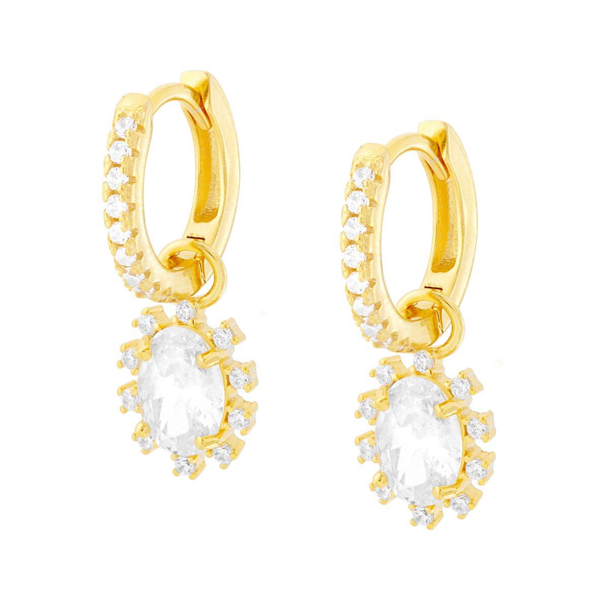 Ohrhänger in Kreisform mit Klappverschluss, weißes Ovalpendant, umrahmt von weißen Cubic Zirconia, aus 925er Silber, Goldbeschichtung - MeinSchmuckShop