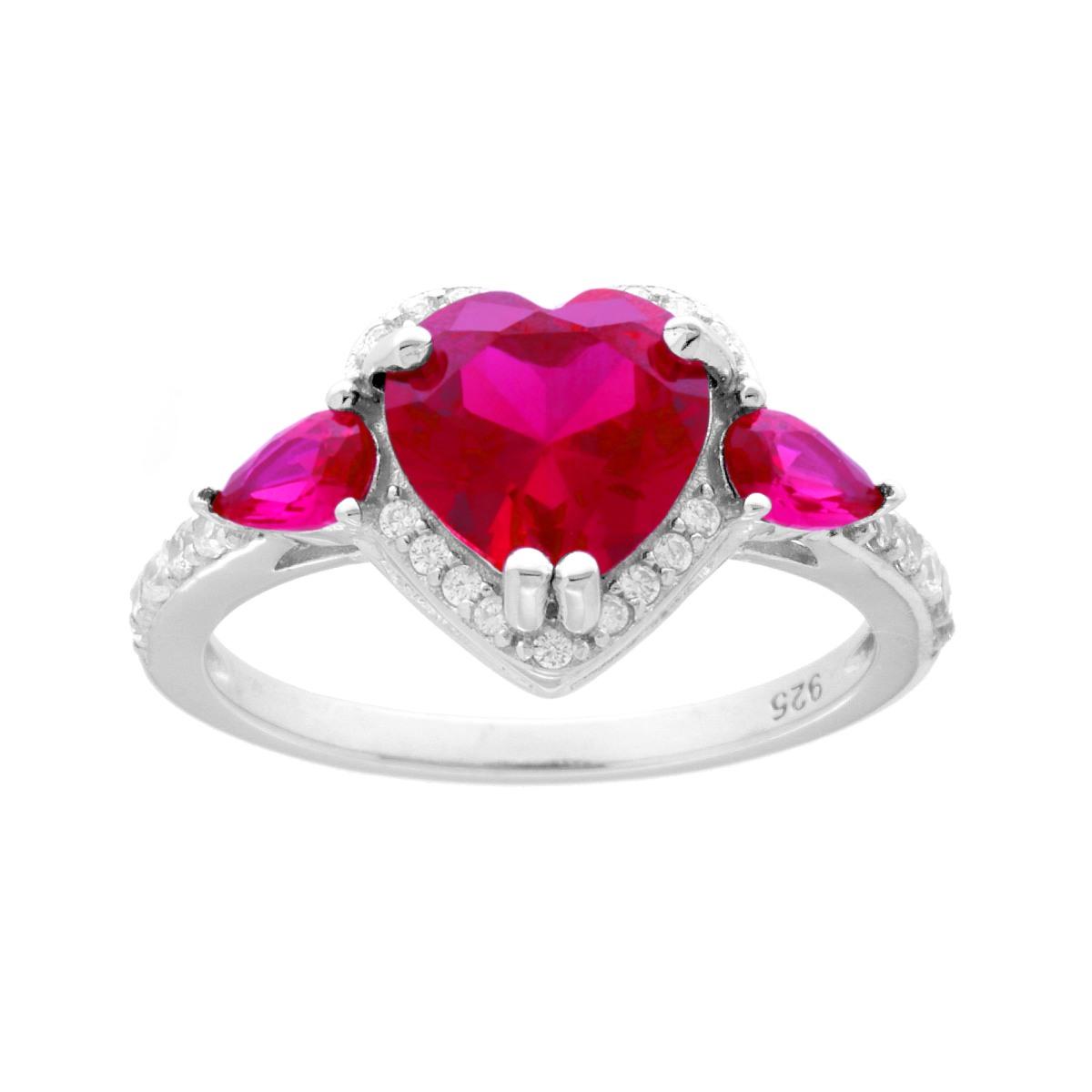 Ring mit rotem Rubinherz, umrandet von weißen Zirkonien, aus Silber 925 rhodiniert. - MeinSchmuckShop